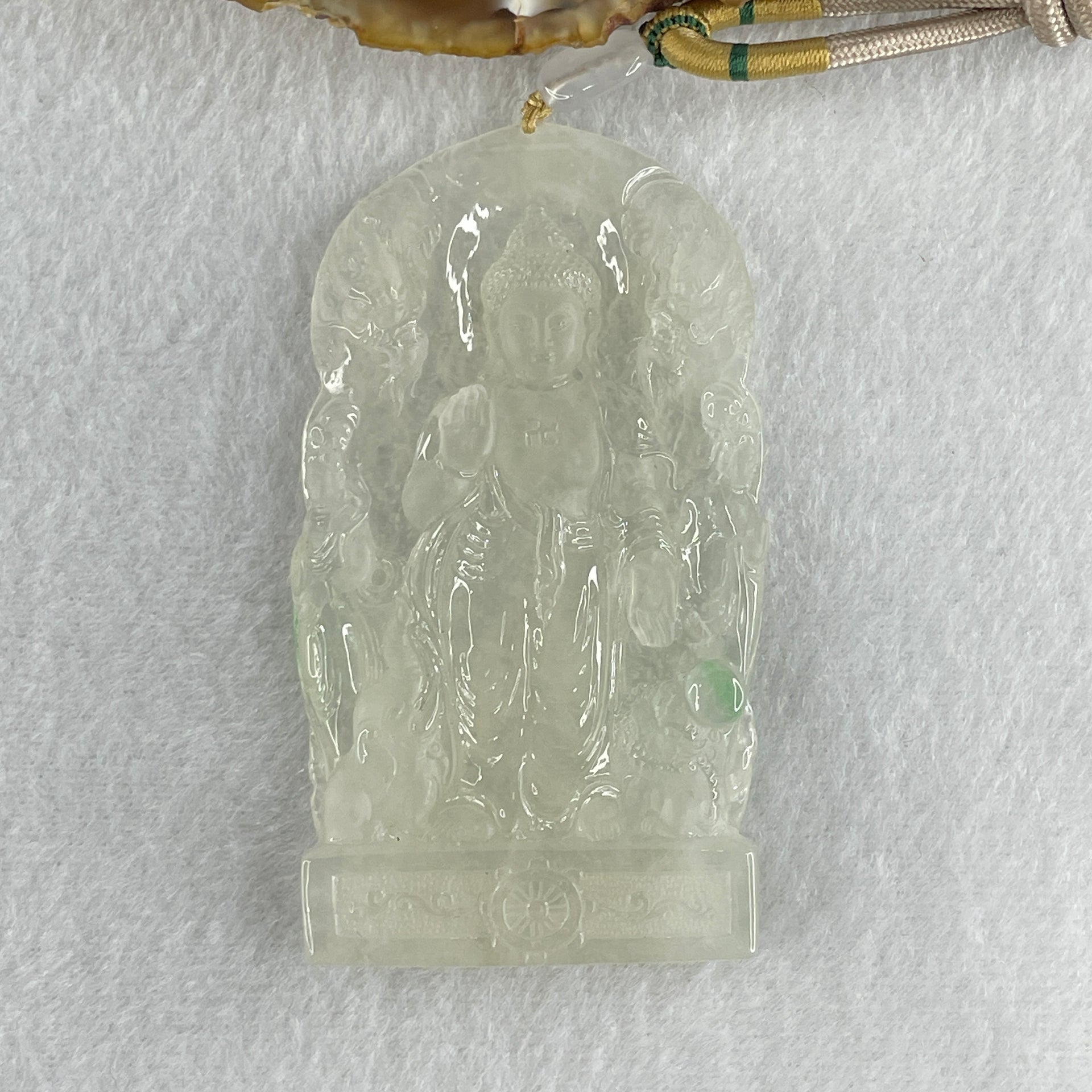 Rare Type A Icy White to Colorless with Green Spot Jadeite Amitabha Buddha with Buddha Double Side and Double Dragon and Elephants Pendant 68.88g 80.5 by 46.3 by 7.9mm - Huangs Jadeite and Jewelry Pte Ltd