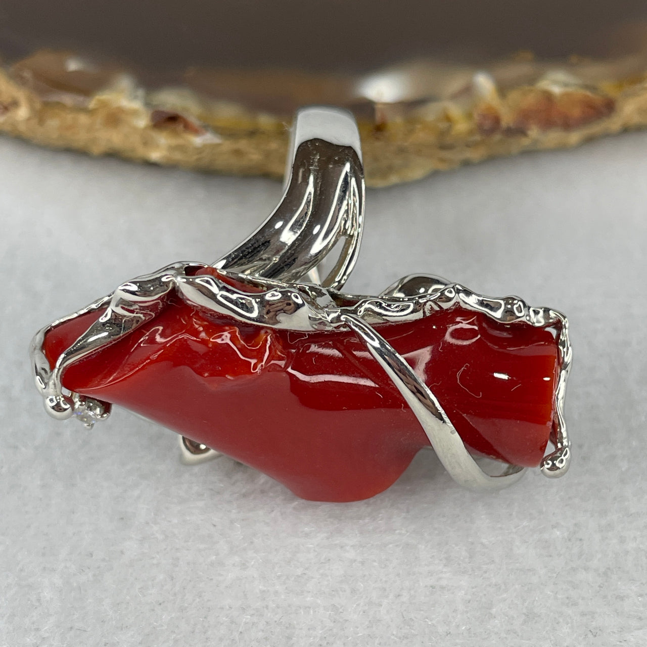 Rare Exceptional Grade Natural Red Coral & 0.05ct Natural Diamond PT900 Platinum Ring | Investment Heavy Solid Platinum Gemstone Ring (23.4g | US 9 / HK 20)