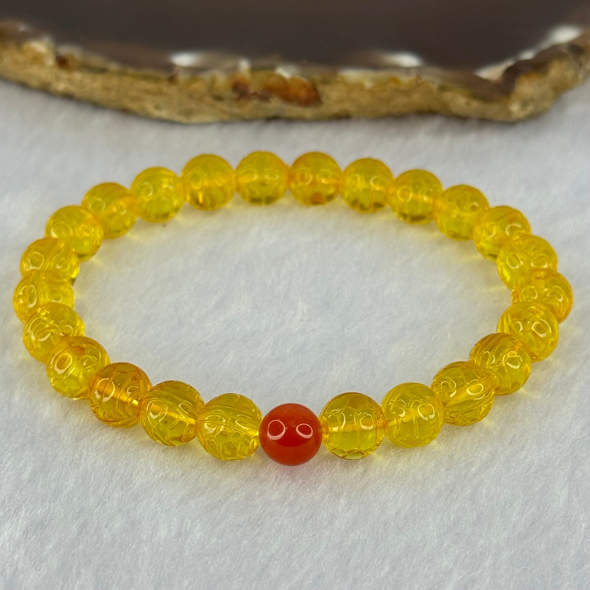 Natural Golden Yellow Amber Beads Turtle Shell Bracelet 6.87g 16cm 7.8mm 24 Beads - Huangs Jadeite and Jewelry Pte Ltd