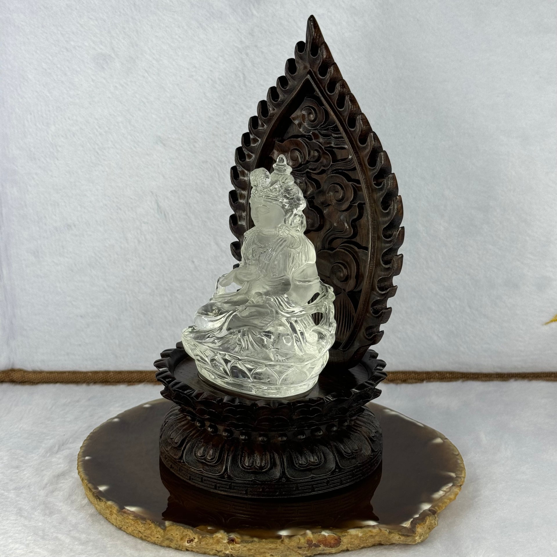 High Quality Natural Clear Quartz Vajrasattva With High Grade Wooden Stand Display 白水晶金刚撒埵和木脚摆件 526.66g 180.0 by 96.mm - Huangs Jadeite and Jewelry Pte Ltd