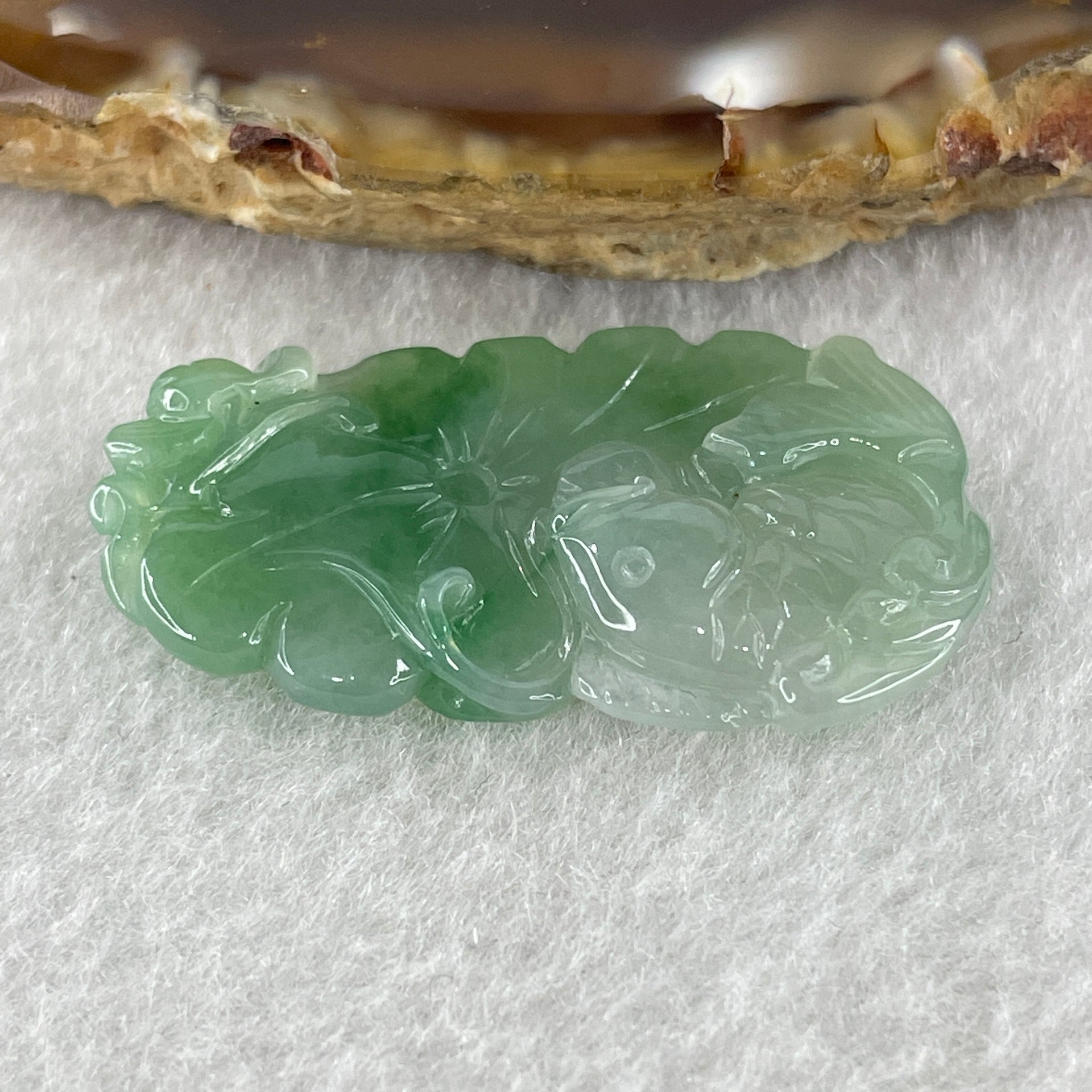 Natural Type A Jelly Green with Faint Green and Emerald Green Jadeite Carp Fish on Lotus Leaf Pendant 6.34g 34.1 by 20.3 by 6.3mm - Huangs Jadeite and Jewelry Pte Ltd