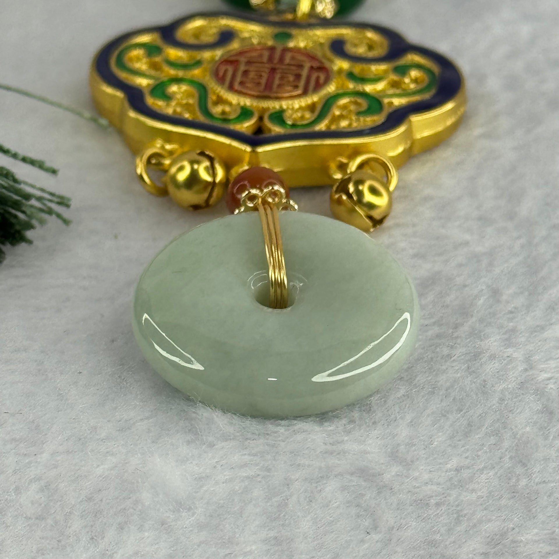 Type A Light Green Jadeite Ping An Kou Donut 25.7 by 5.7mm with Crystals Necklace 37.89g - Huangs Jadeite and Jewelry Pte Ltd