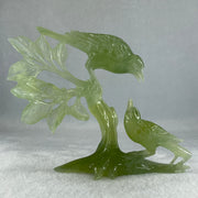 Natural Green Serpentine Double Birds on Tree with Wooden Stand Display 322.6g 74.0 by 155.0 by 75.8mm - Huangs Jadeite and Jewelry Pte Ltd