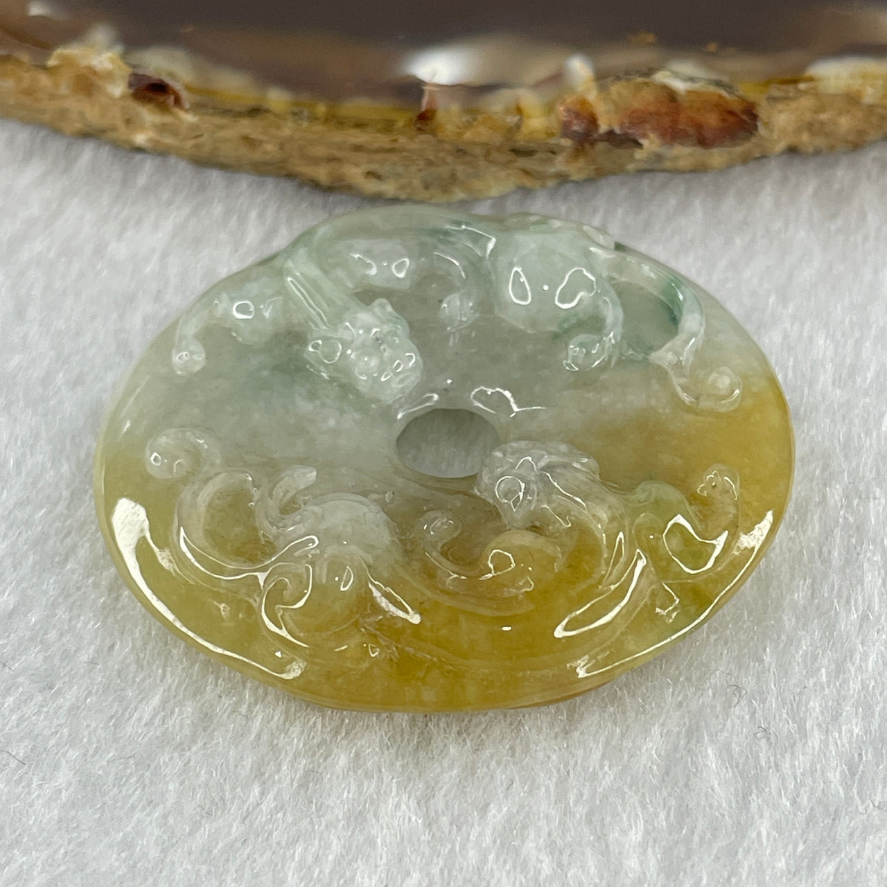 Natural Type A Light Green Wuji Grey with Yellow Jadeite Double Sided Twin Pixiu Ping An Kou Pendant 21.51g 40.8 by 10.2mm