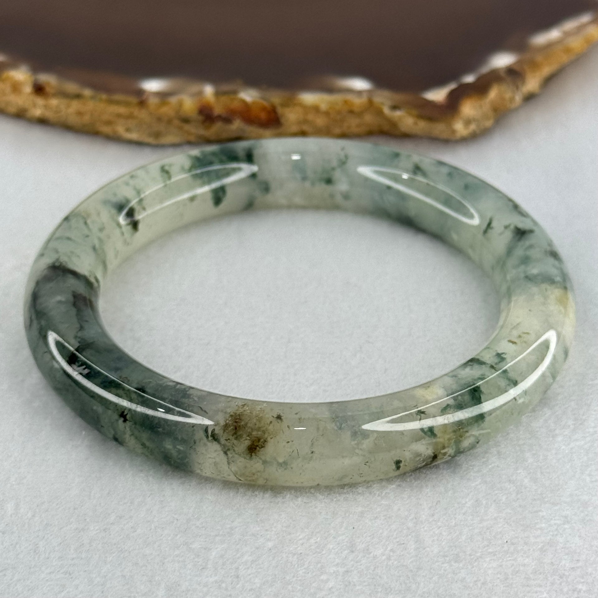 Transparent Colourless with Dark Green and Yellowish White Piao Hua Sodium Feldspar Jade Bangle 水沫玉手镯 Internal Diameter 55.8mm 47.38g 10.8 by 10.8mm - Huangs Jadeite and Jewelry Pte Ltd