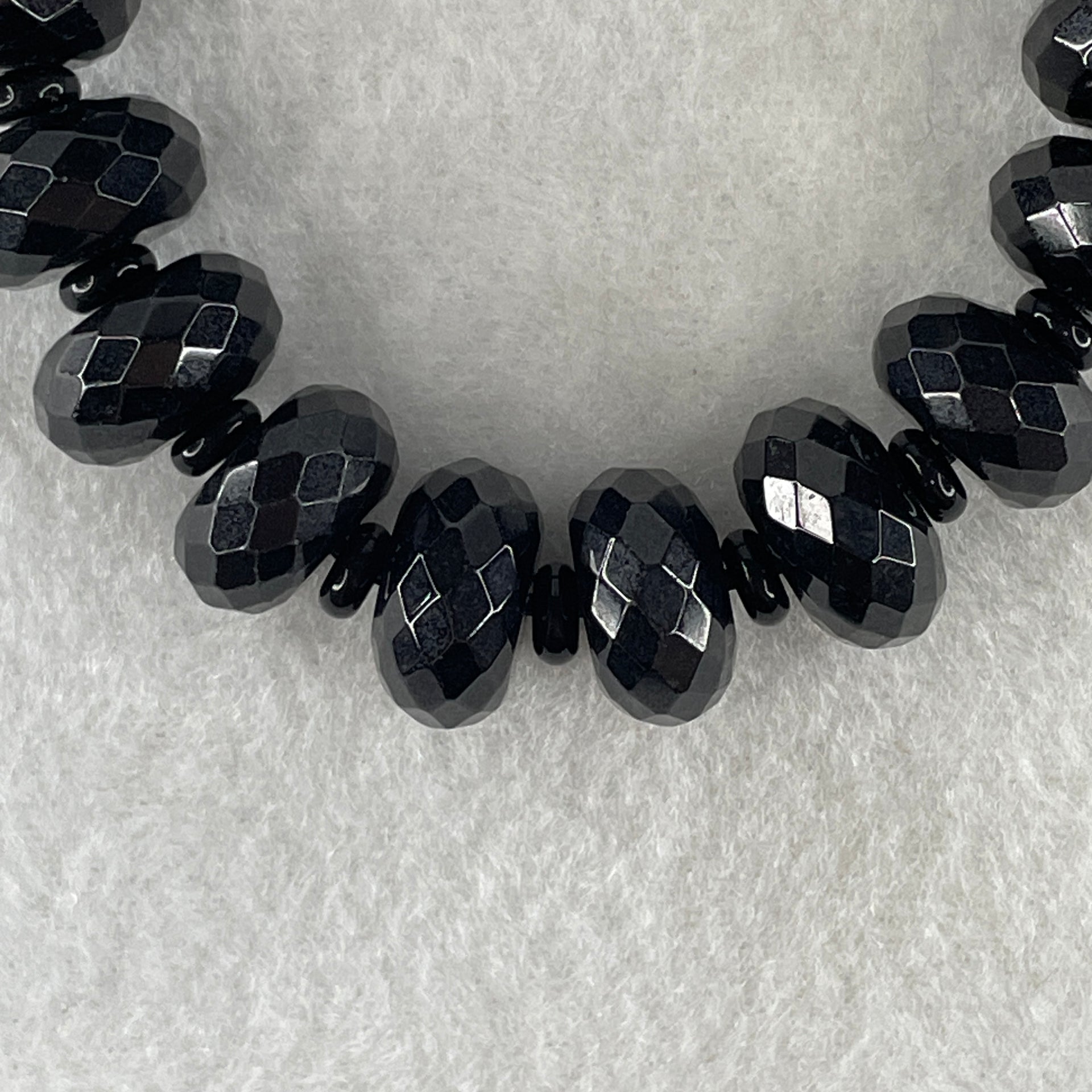 Type A Opaque Black Omphacite Jadeite Faceted Donut Ping An Kou Shape Beads Bracelet 59.39g 15cm 14.3mm 19 Beads - Huangs Jadeite and Jewelry Pte Ltd