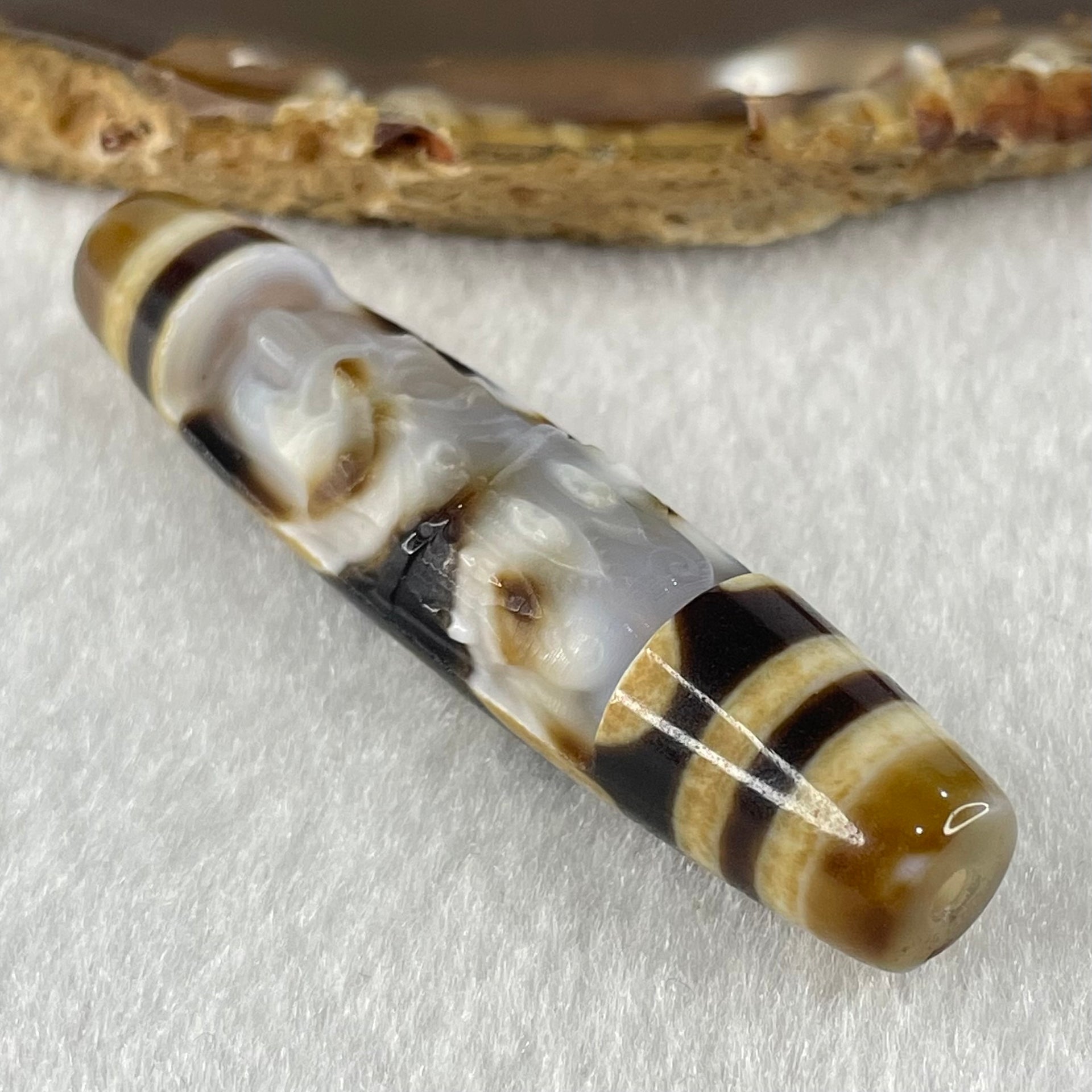 Natural Powerful Tibetan Old Oily Agate 6 Eyes with Zha Ji La Mu Female Cai Shen Carvings Dzi Bead Heavenly Master (Tian Zhu) 三眼扎基拉姆女财神天珠 13.25g 57.8 by 12.7mm - Huangs Jadeite and Jewelry Pte Ltd