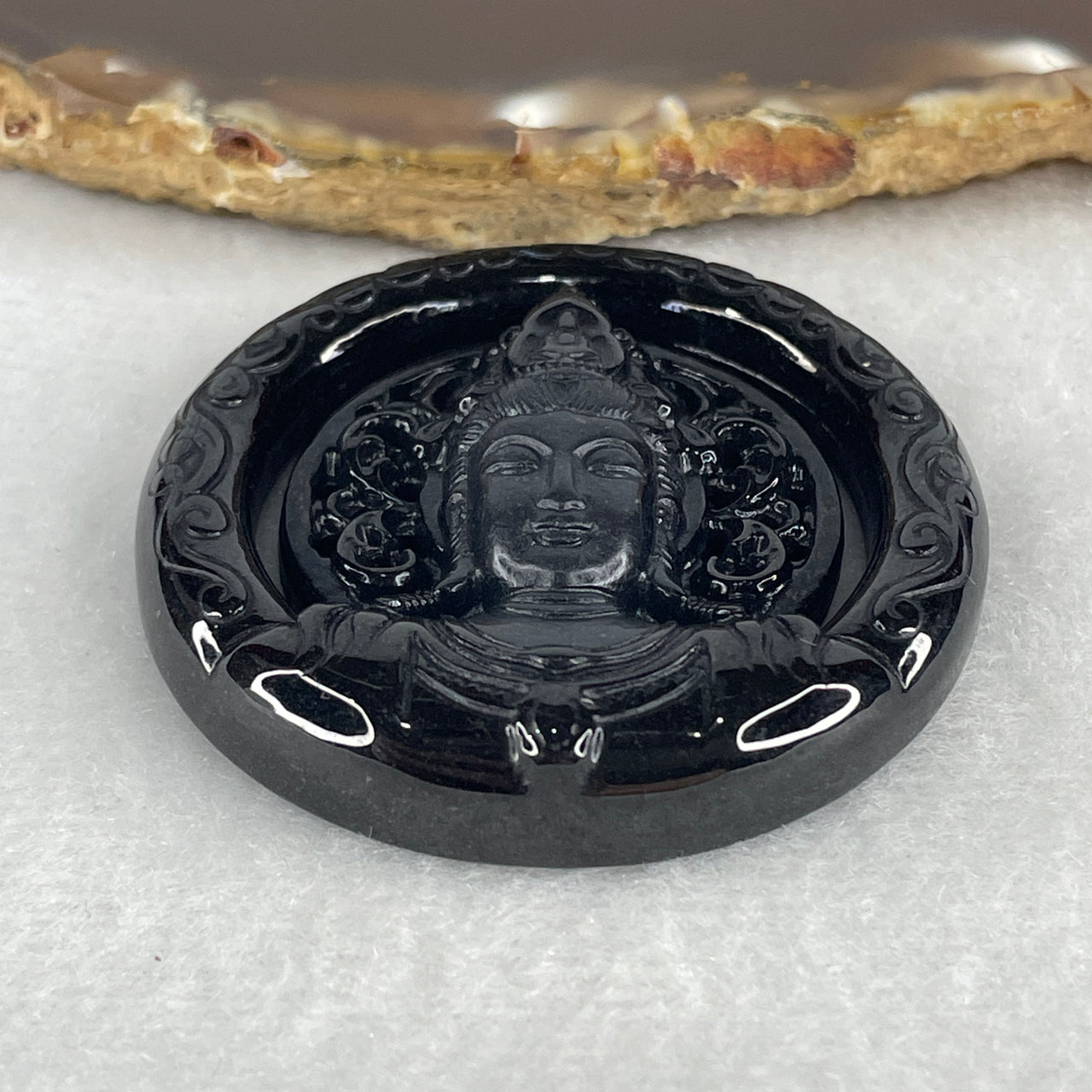 Protection, Peace and Compassion - Certified Natural Type A Black Omphacite Jadeite Guan Yin Face Pendant 31.16g 47.7 by 8.8mm