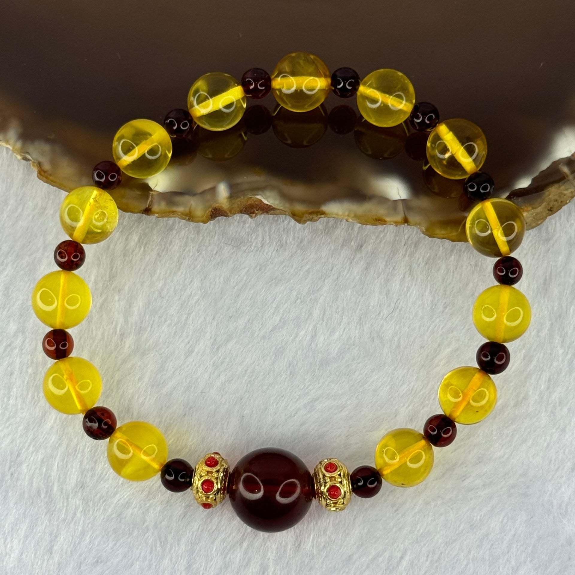 Natural Yellow Golden and Red Amber Beads Bracelet 7.24g 11.4mm 1 Bead 8.2mm 13 Beads - Huangs Jadeite and Jewelry Pte Ltd