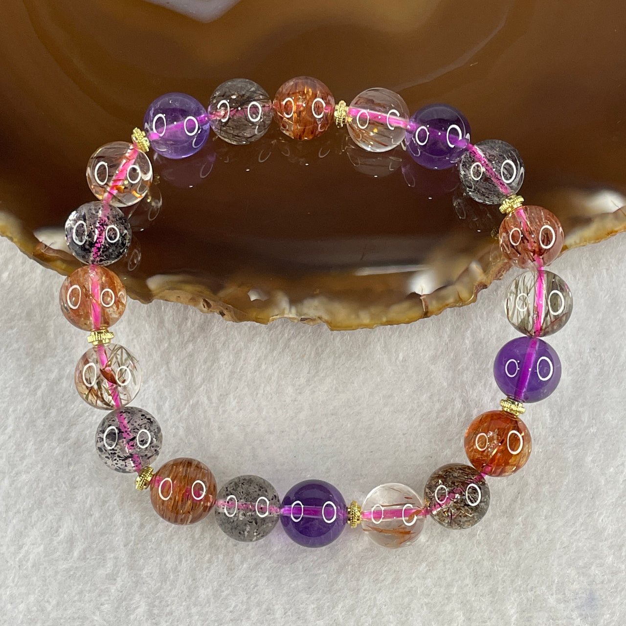 Good Grade Natural Super 7 Quartz Crystal Beads Bracelet 30.04g 18cm 10.4mm 21Beads