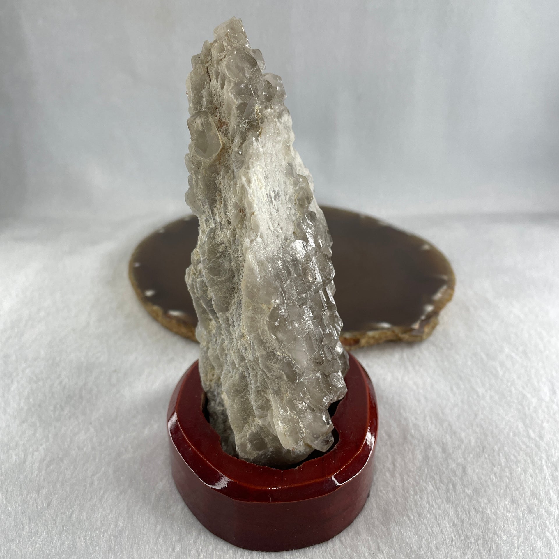 Natural Clear Quartz Rough Irregular Shape Display in Wooden Stand 359.1g 81.0 by 87.0 by 122.0mm - Huangs Jadeite and Jewelry Pte Ltd