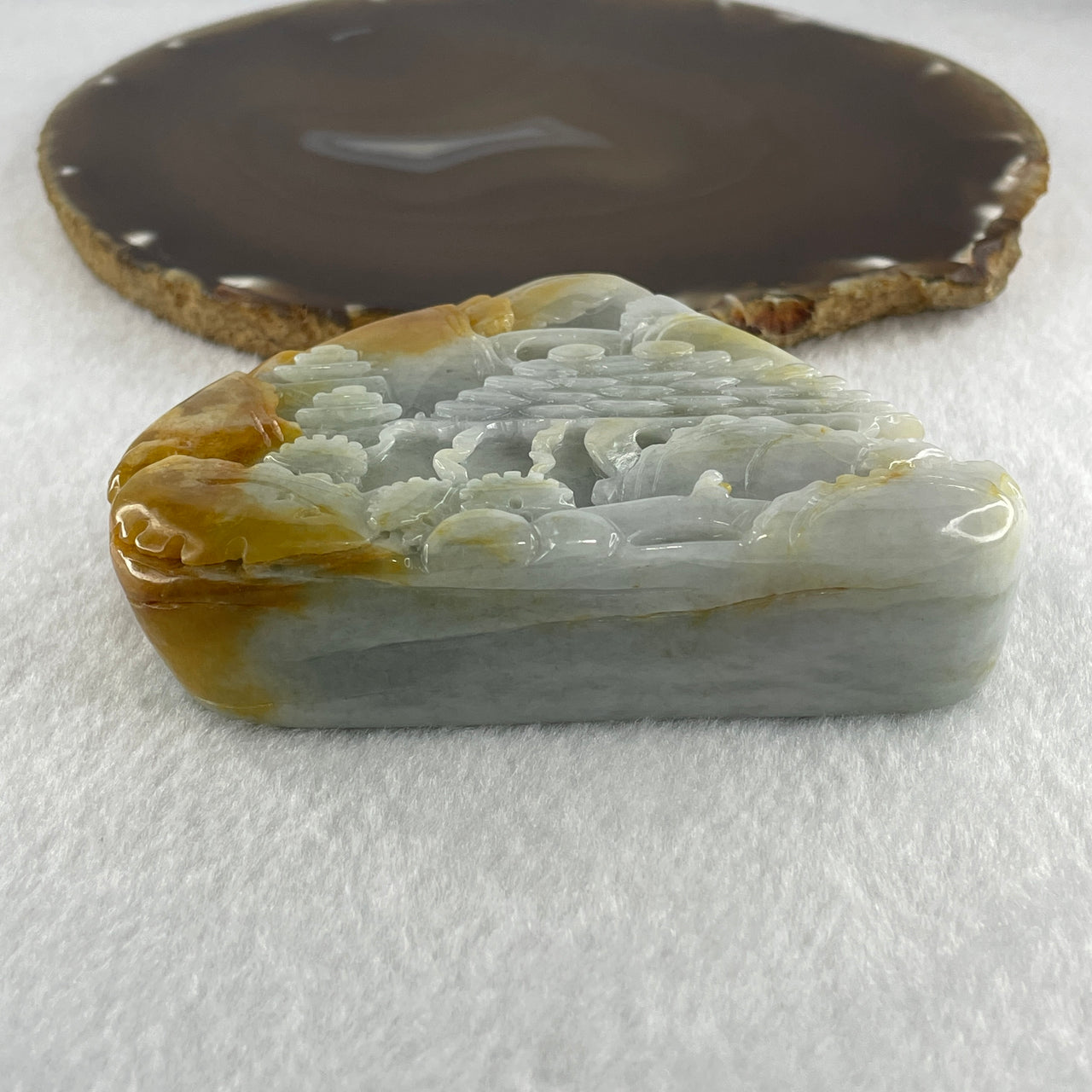 Natural Type A Light Green with Faint Lavender with Yellow Jadeite Shan Shui Scenic with Gui Ren Benefactor Display 355.47g 71.4 by 95.6 by 25.9mm