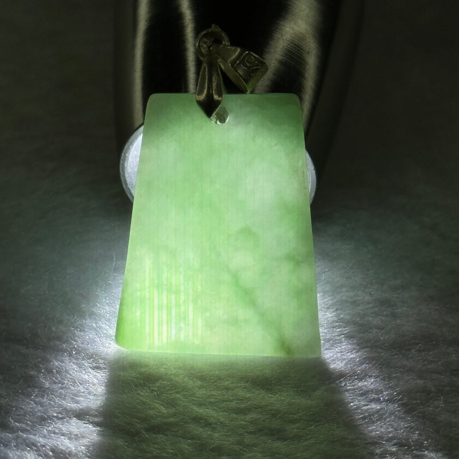 Type A Green Jadeite Wu Shi Pai in S925 Silver Clasp 3.78g 24.7 by 19.4 by 3.2mm - Huangs Jadeite and Jewelry Pte Ltd