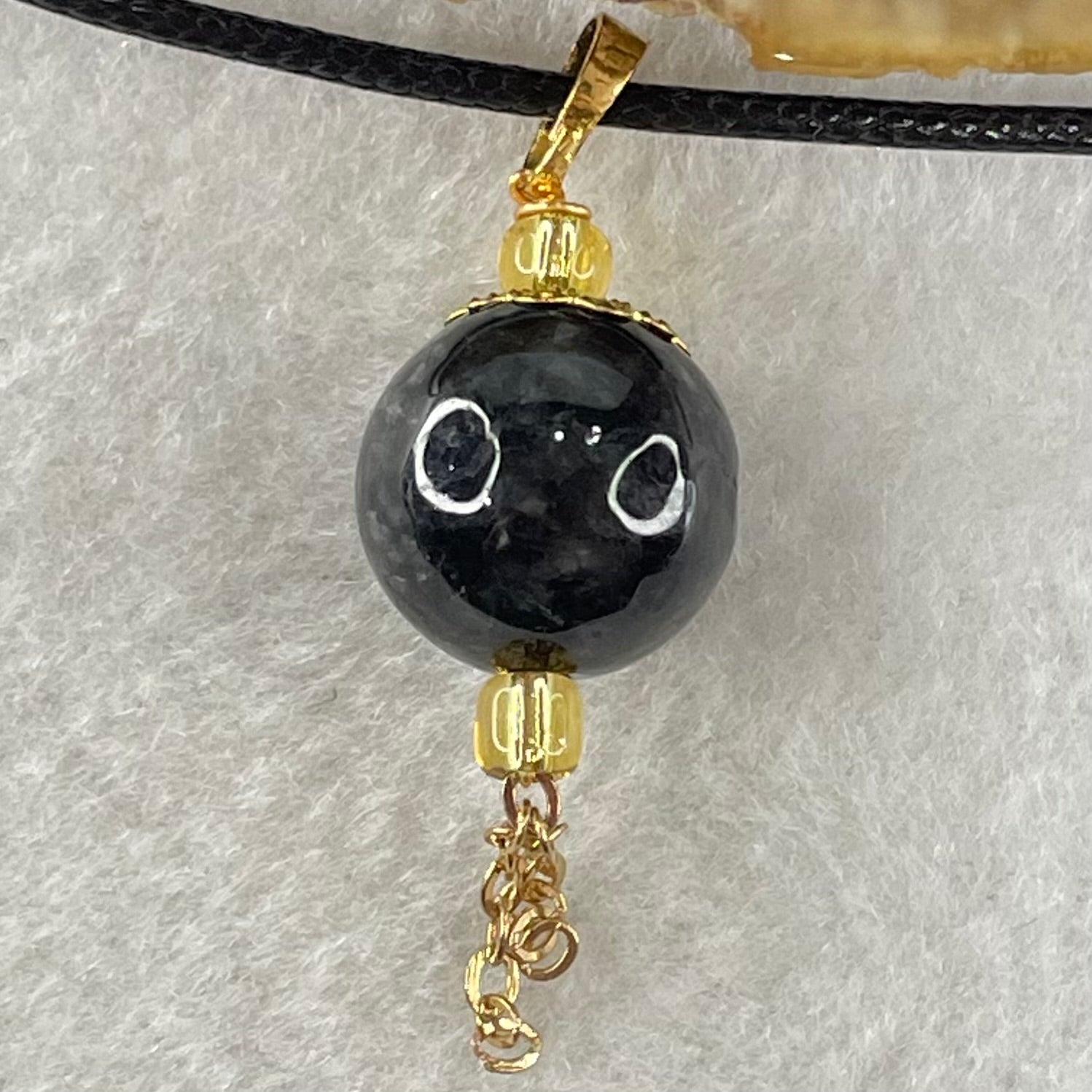 Type A Opaque Wuji Black Jadeite Bead Pendant with Black String Necklace 5.74g 13.3mm - Huangs Jadeite and Jewelry Pte Ltd