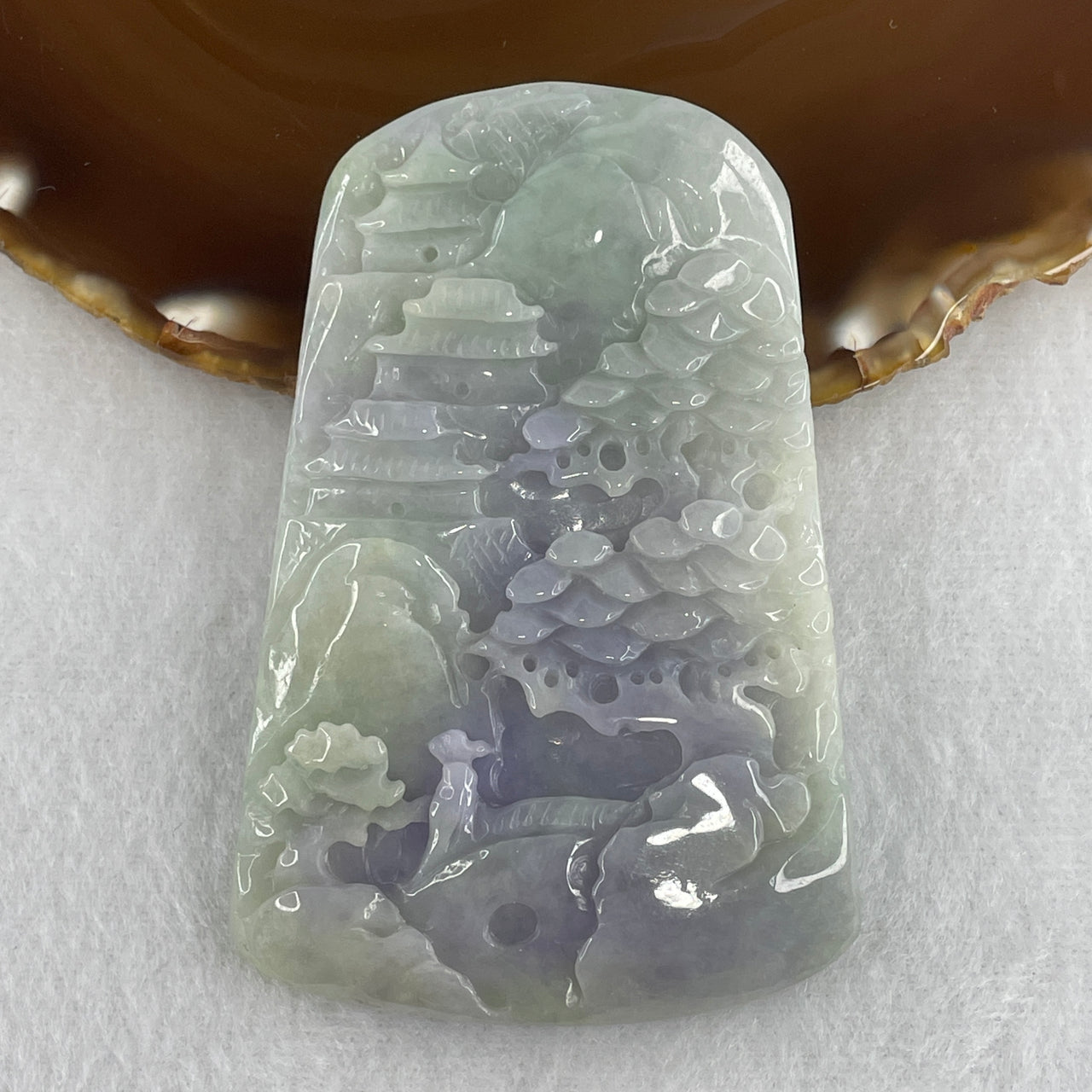 Natural Type A Light Green & Lavender Jadeite Shan Shui with Guiren Benefactor Pendant | Untreated Fei Cui Landscape Plaque (90.10g | 80.8mm x 53.4mm x 9.6mm)