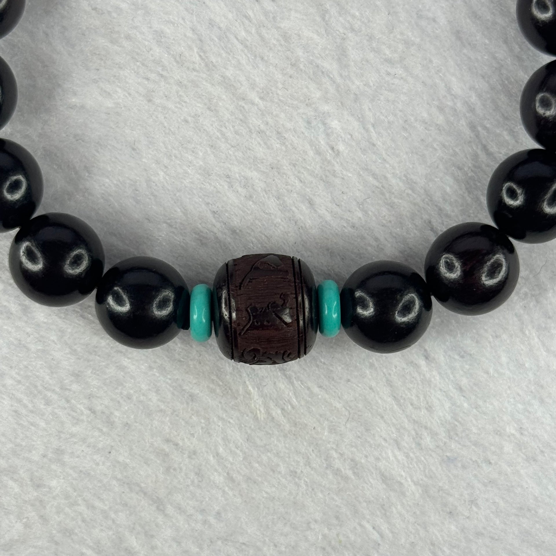 Natural India Zitan 天然小叶字檀木 Om Ma ni Padme Hum 六字真言 Beads Bracelet with Turquoise (Sinking Type) 11.30g 15.5cm 10.0mm 17 Beads, 12.0 by 11.3mm 1 Bead - Huangs Jadeite and Jewelry Pte Ltd