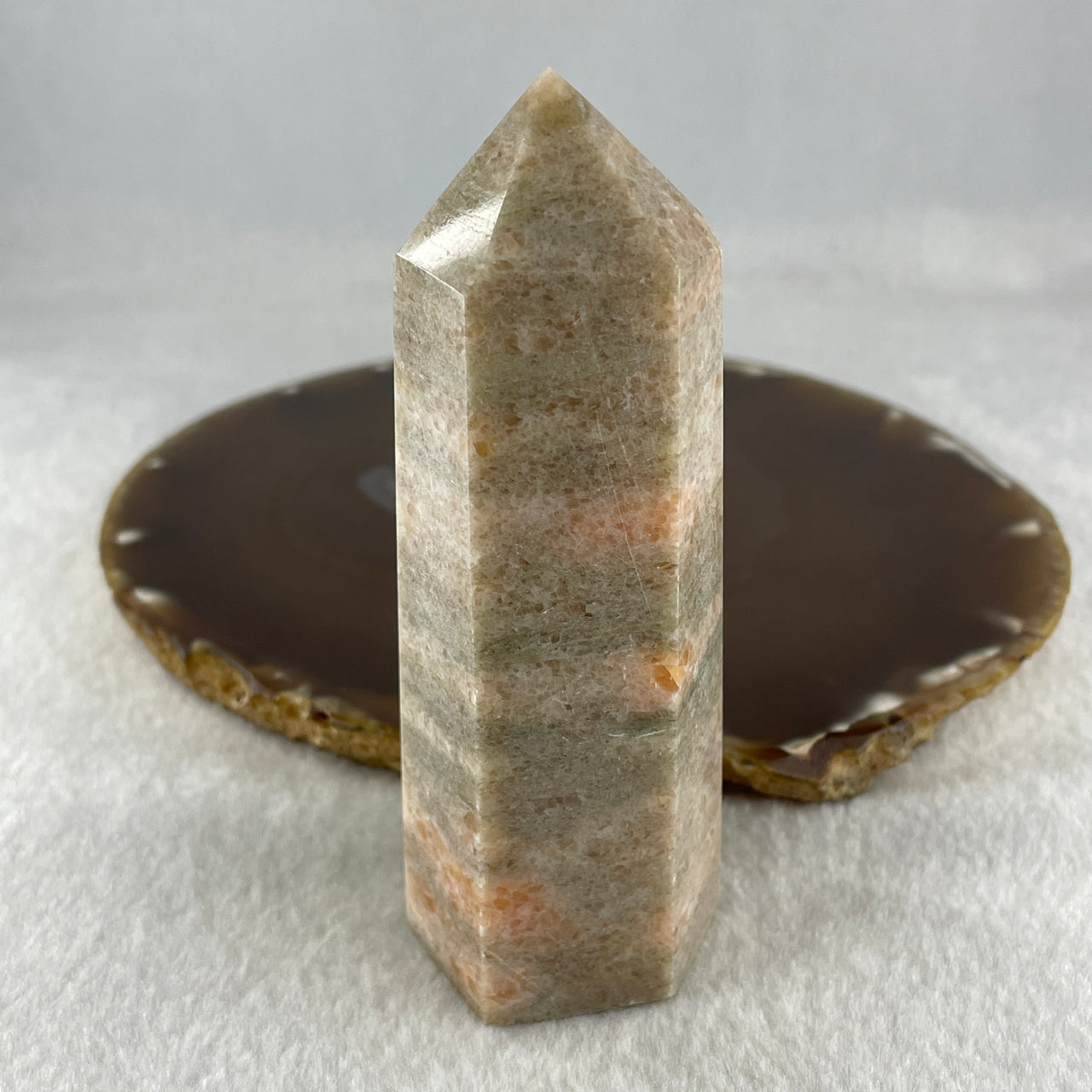 Natural Pink Orange Calcite Tower Display 213.53g 40.0 by 34.1 by 101.9mm - Huangs Jadeite and Jewelry Pte Ltd