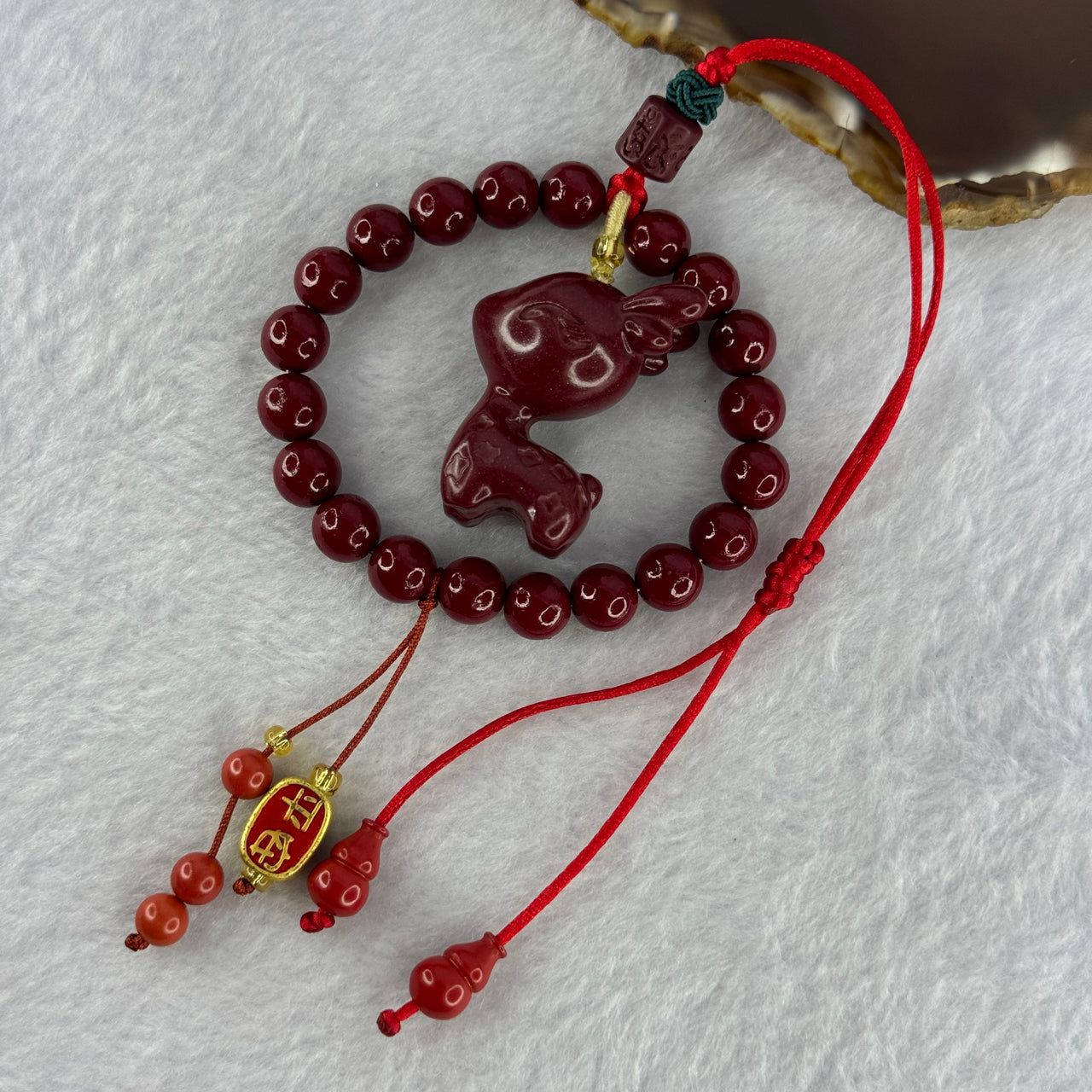 Natural Red Cinnabar Beads with 3D Baby Deer Pendent and Hulu Pair Charm 49.10g 8.3mm 20 Beads 35.2 by 28.9 by 18.7mm - Huangs Jadeite and Jewelry Pte Ltd