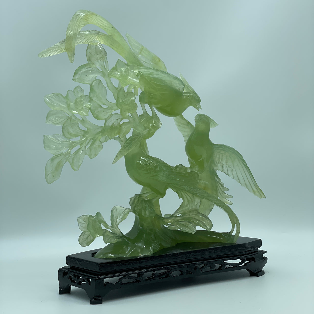 Natural Icy Green Serpentine 3 Phoenix on Flower Tree with Wooden Stand Display 1,376.1g 265.0 by 135.0 by 300.0mm