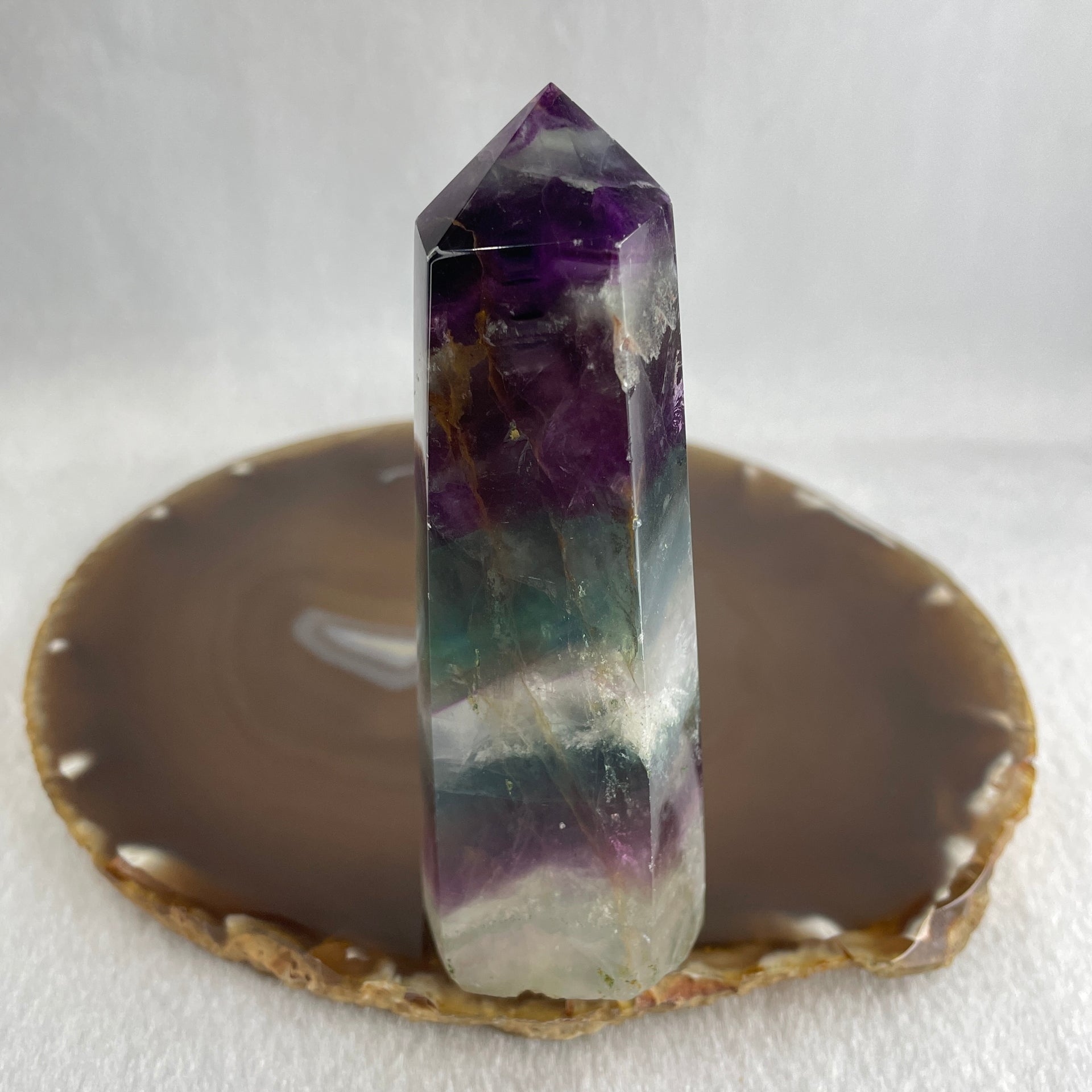 Natural Green and Purple Fluorite Quartz Tower Display 173.67g 99.8 by 34.9 by 35.6mm - Huangs Jadeite and Jewelry Pte Ltd
