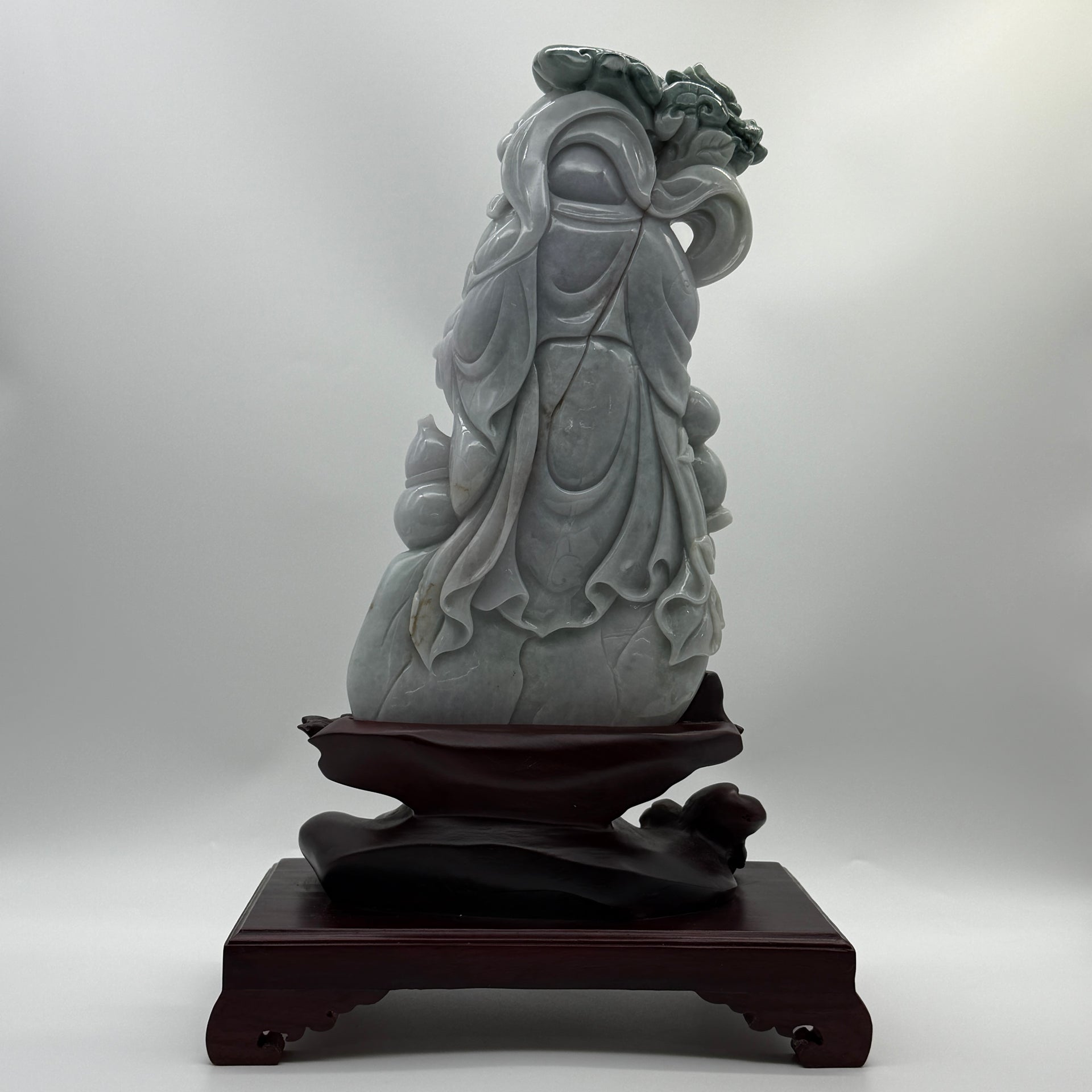 Type A Lavender, Green & Yellow Jade Jadeite Shou Xing Gong with Wooden Stand 财源滚滚 健康长寿 - 3.93kg Dimensions with Stand: 39 by 25 by 15cm Jade Dimensions: 27 by 15 by 7cm - Huangs Jadeite and Jewelry Pte Ltd