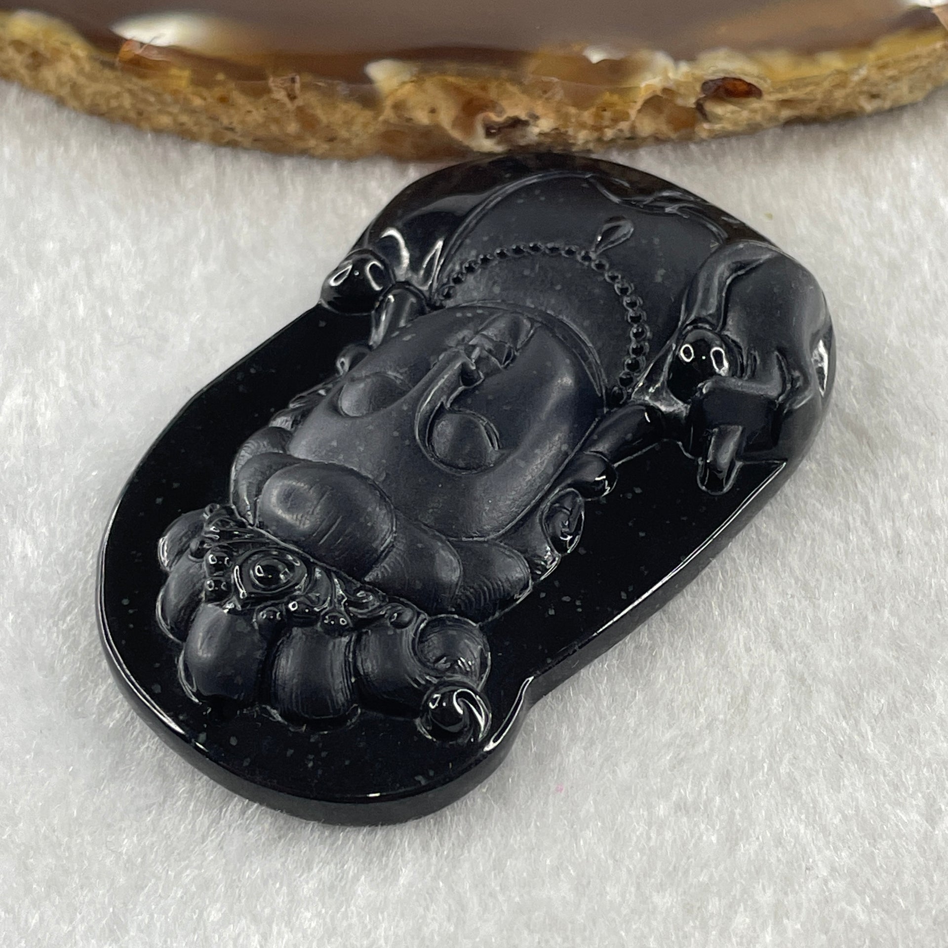 Type A Opaque Black Omphacite Jadeite Guan Yin Pendant 25.49g 60.0 by 38.3 by 9.5mm - Huangs Jadeite and Jewelry Pte Ltd