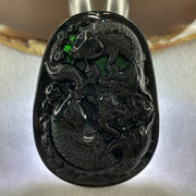 Type A Opaque to Partial Translucent Black Omphacite Jadeite Double Fish with Lotus Flower and Coins Pendant 29.11g 61.1 by 44.1 by 9.2mm - Huangs Jadeite and Jewelry Pte Ltd