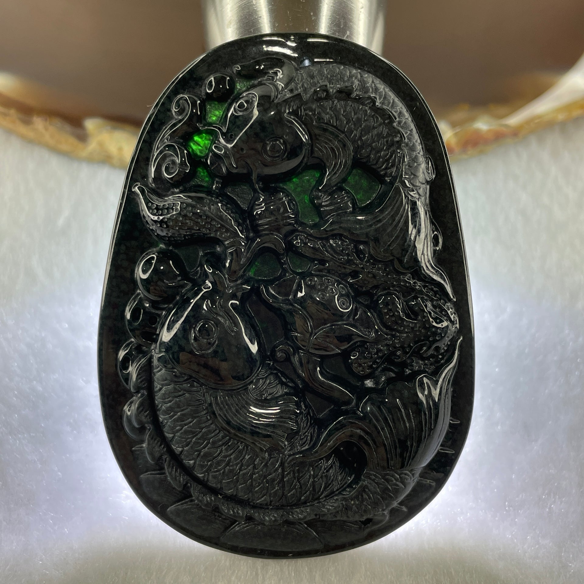 Type A Opaque to Partial Translucent Black Omphacite Jadeite Double Fish with Lotus Flower and Coins Pendant 29.11g 61.1 by 44.1 by 9.2mm - Huangs Jadeite and Jewelry Pte Ltd