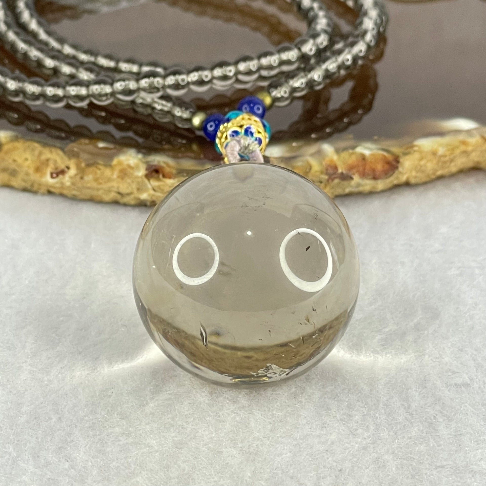 Natural Smoky Quartz Crystal Sphere Pendant with Mini Beads Necklace 59.74g 60cm 31.1mm 4.6mm 149 Beads - Huangs Jadeite and Jewelry Pte Ltd