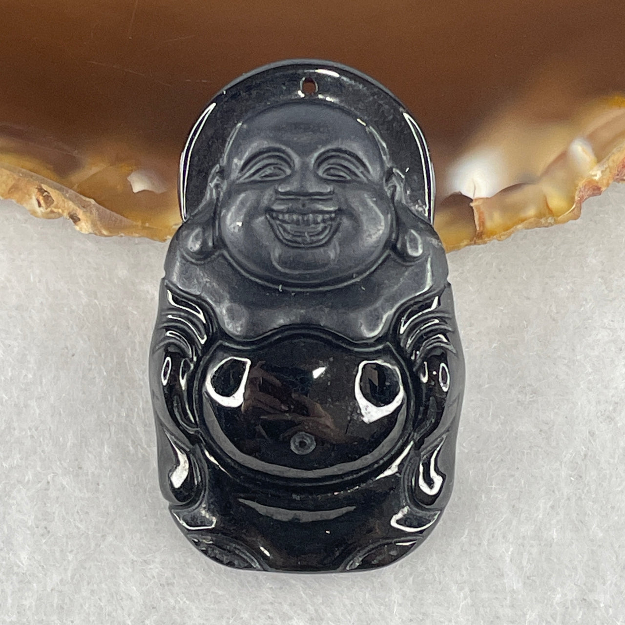 Certified Type A Opaque Black Omphacite Jadeite Milo Laughing Buddha Pendant | Maitreya Joy, Wealth & Goodwill Protection Talisman (12.95g | 40.2 x 24.8 x 7.5mm)