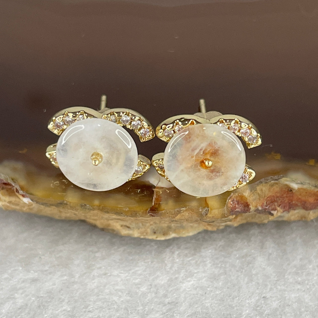 Natural Type A Semi-Icy White Jadeite Earrings | Gold Color Ping An Kou Donut Stud Earrings (2.46g, 8.9 by 2.0mm)