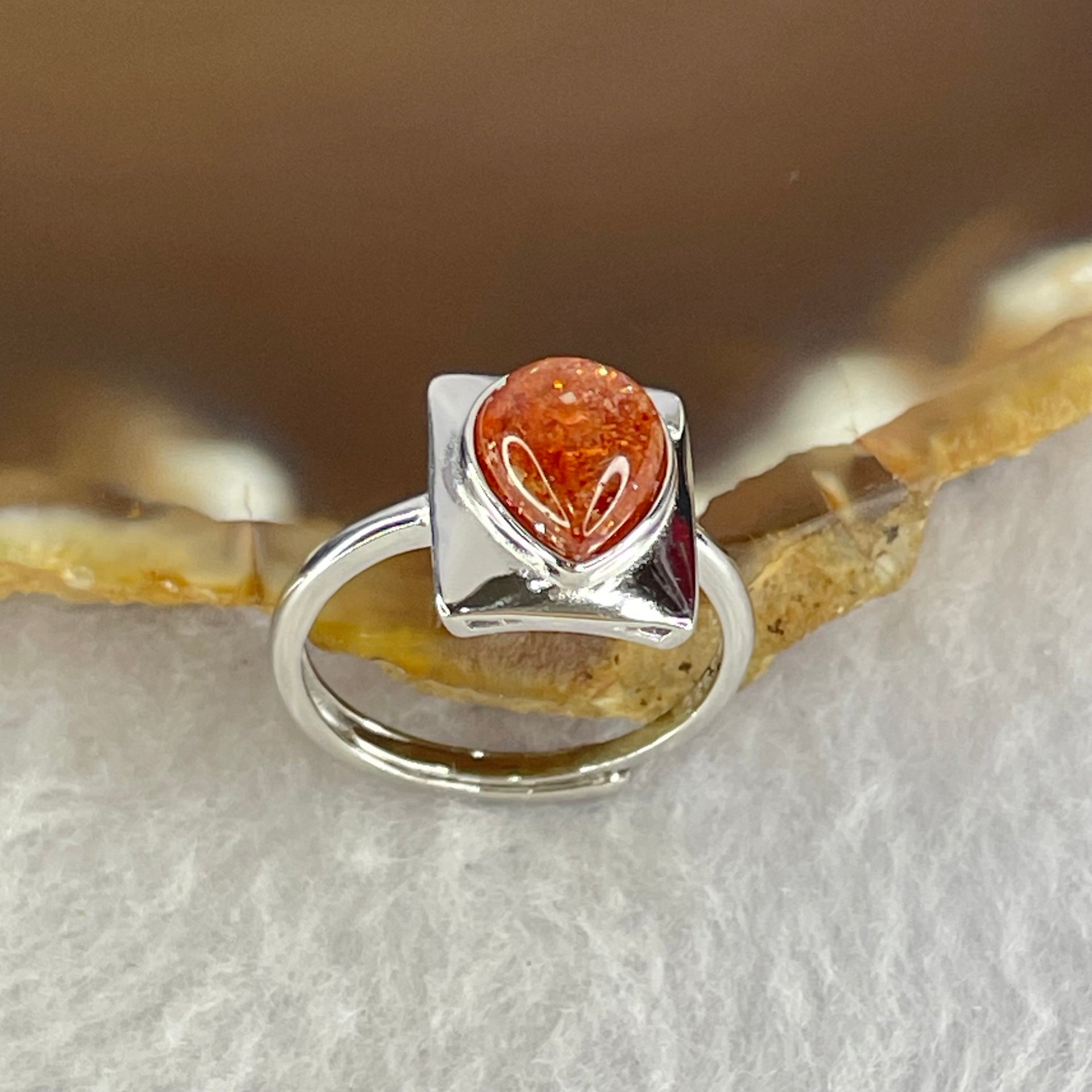 Good Grade Natural Golden Sun Stone in S925 Silver Ring (Adjustable Size) 2.17g 8.9 by 6.9 by 3.5mm - Huangs Jadeite and Jewelry Pte Ltd