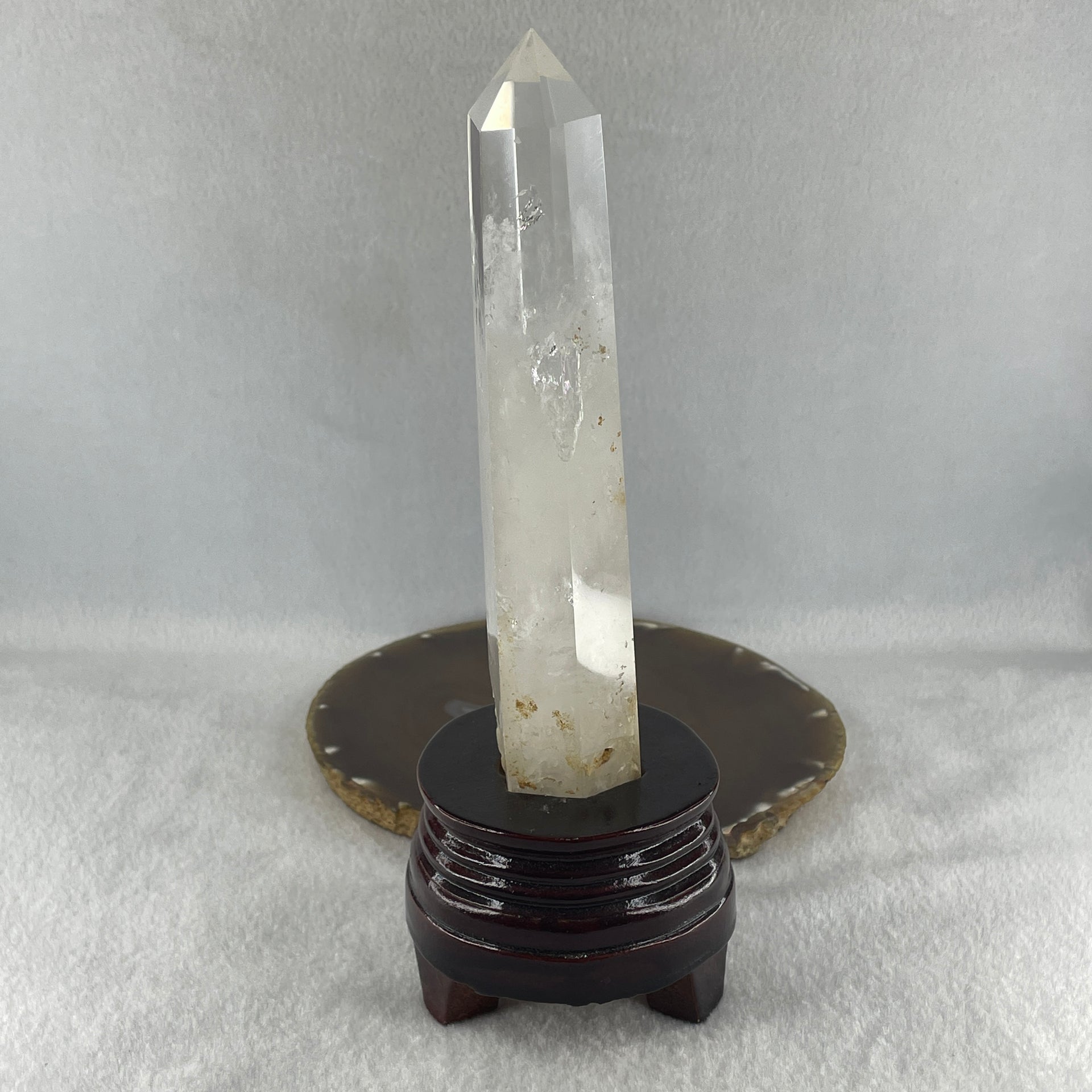 Natural Clear Quartz Tower with Wooden Stand 450.7g 80.1 by 75.9 by 210.0mm - Huangs Jadeite and Jewelry Pte Ltd