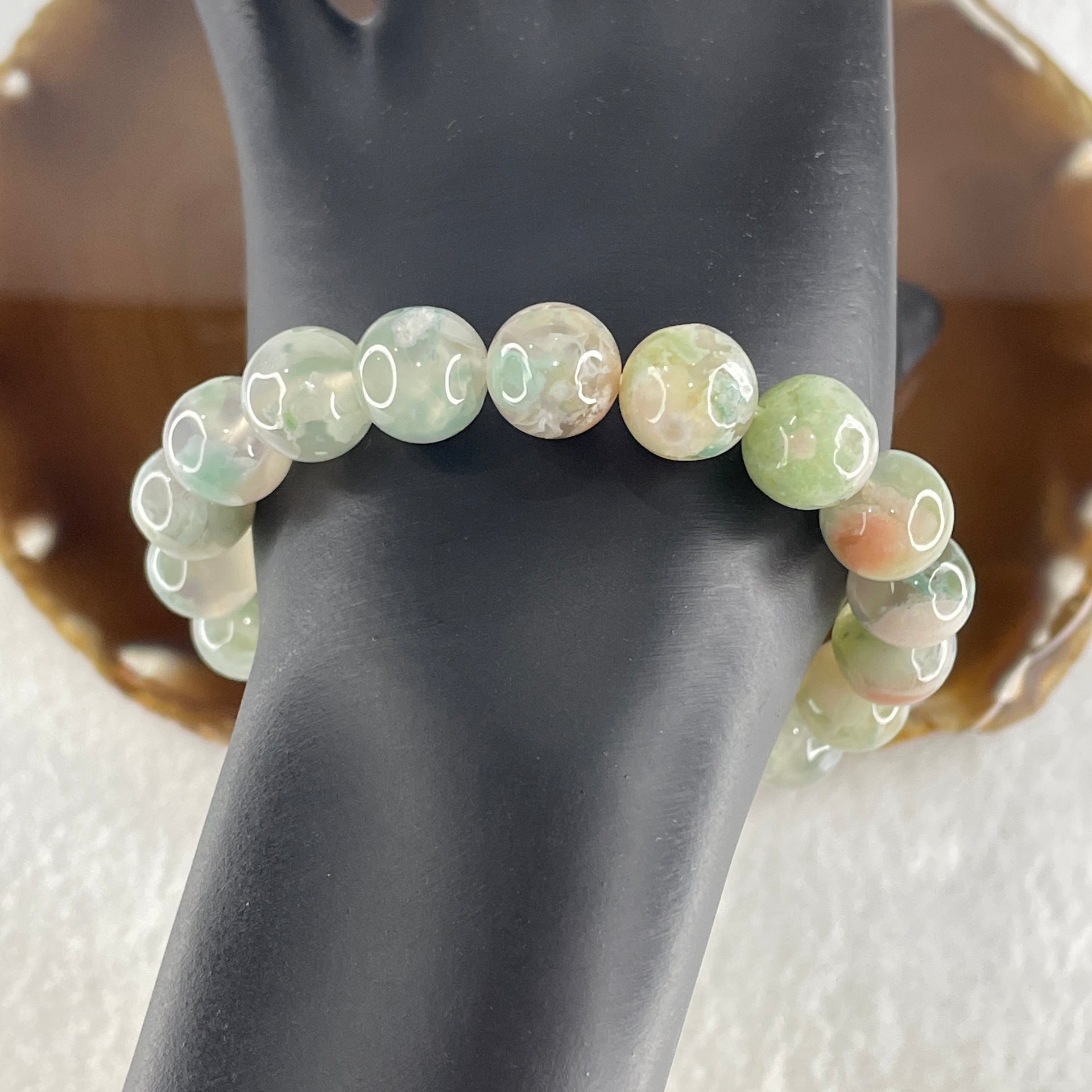 Natural Green with Pinkish Flower Agate Beads Bracelet 30.04g 16.5cm 10.8mm 19 Beads - Huangs Jadeite and Jewelry Pte Ltd