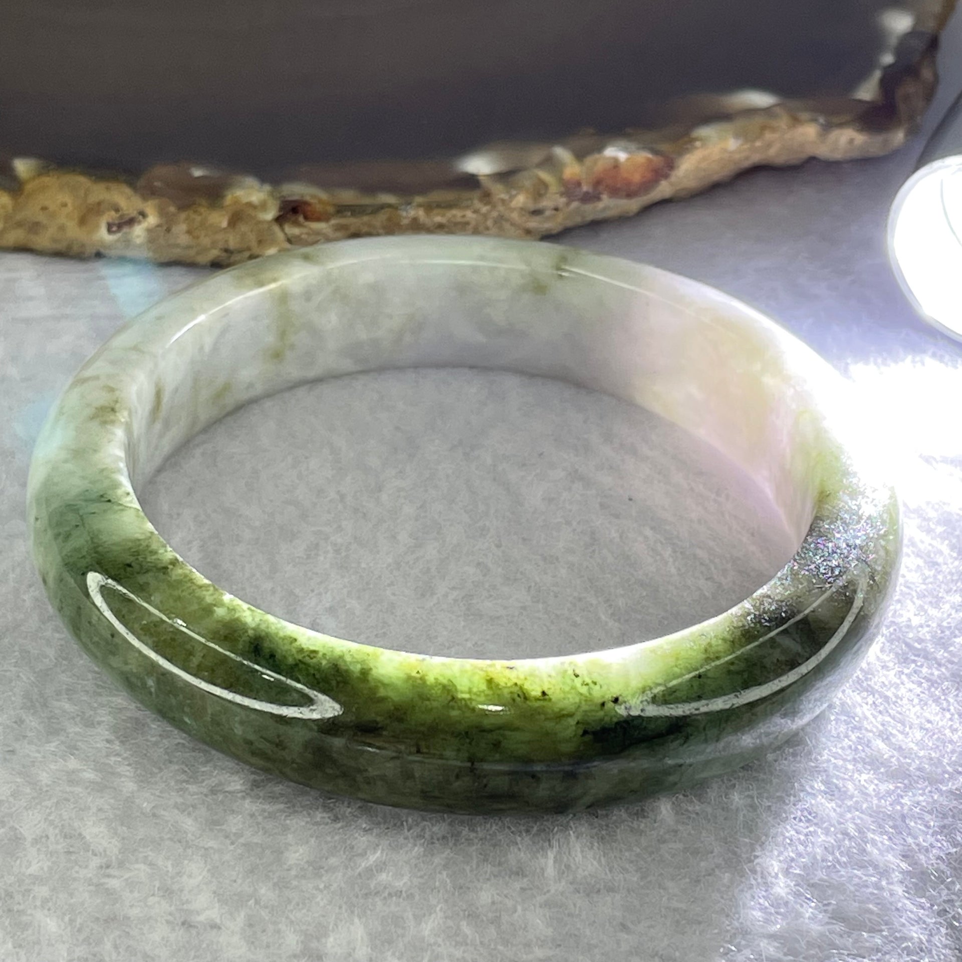 Type A Lavender Green and Moss Green Jadeite Bangle Internal Diameter 54.9mm 53.16g 12.9 by 8.7mm (Internal Lines) - Huangs Jadeite and Jewelry Pte Ltd