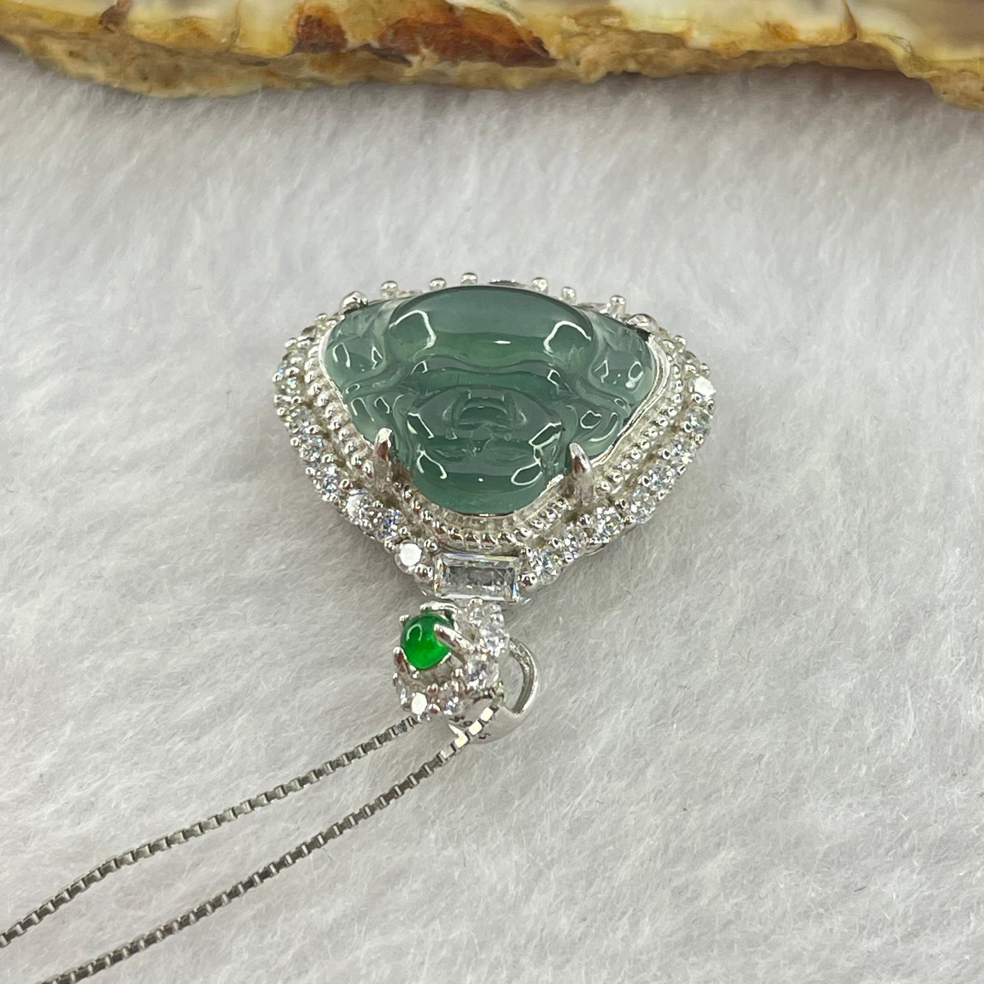 Type A Icy Blueish Green Jadeite Milo Buddha Pendent with Crystals in S925 Sliver Setting and Chain 3.39g 12.8 by 16.0 by 3.0mm - Huangs Jadeite and Jewelry Pte Ltd