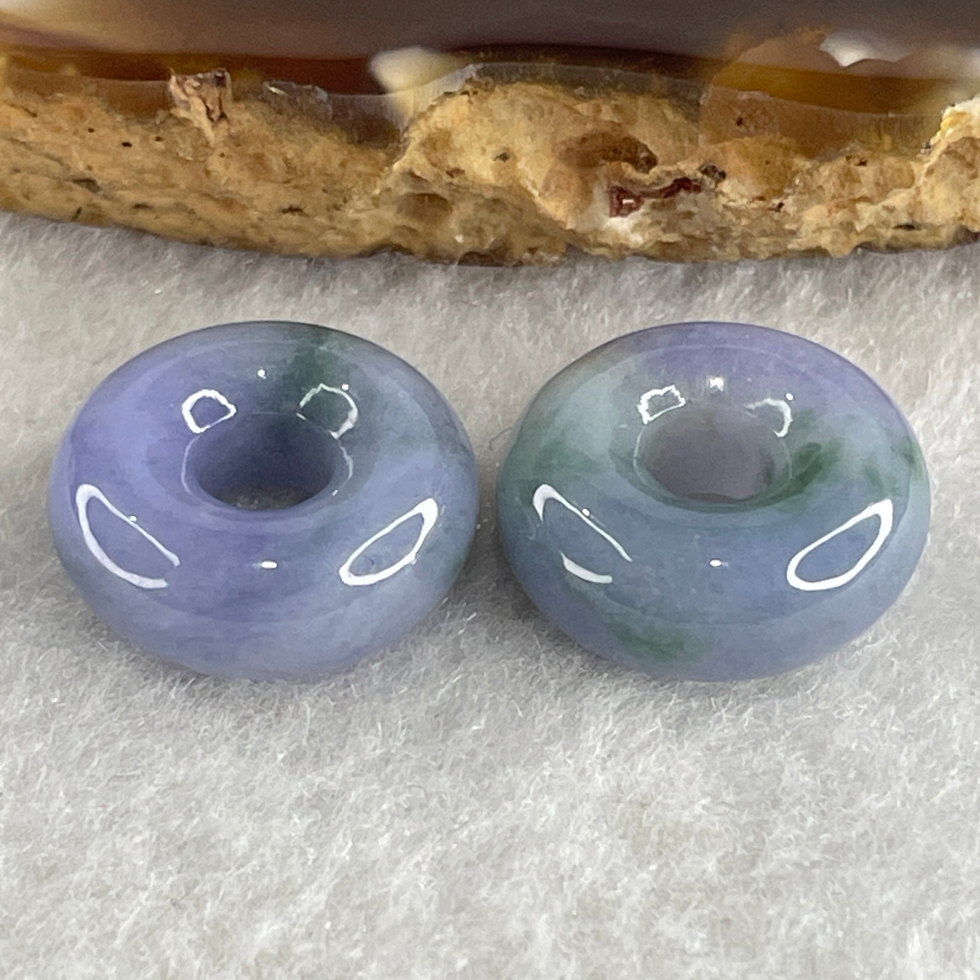 Natural Type A Intense Lavender with Green Piao Hua Jadeite Donut Pair for Setting 5.57g 15.2 by 6.2mm - Huangs Jadeite and Jewelry Pte Ltd