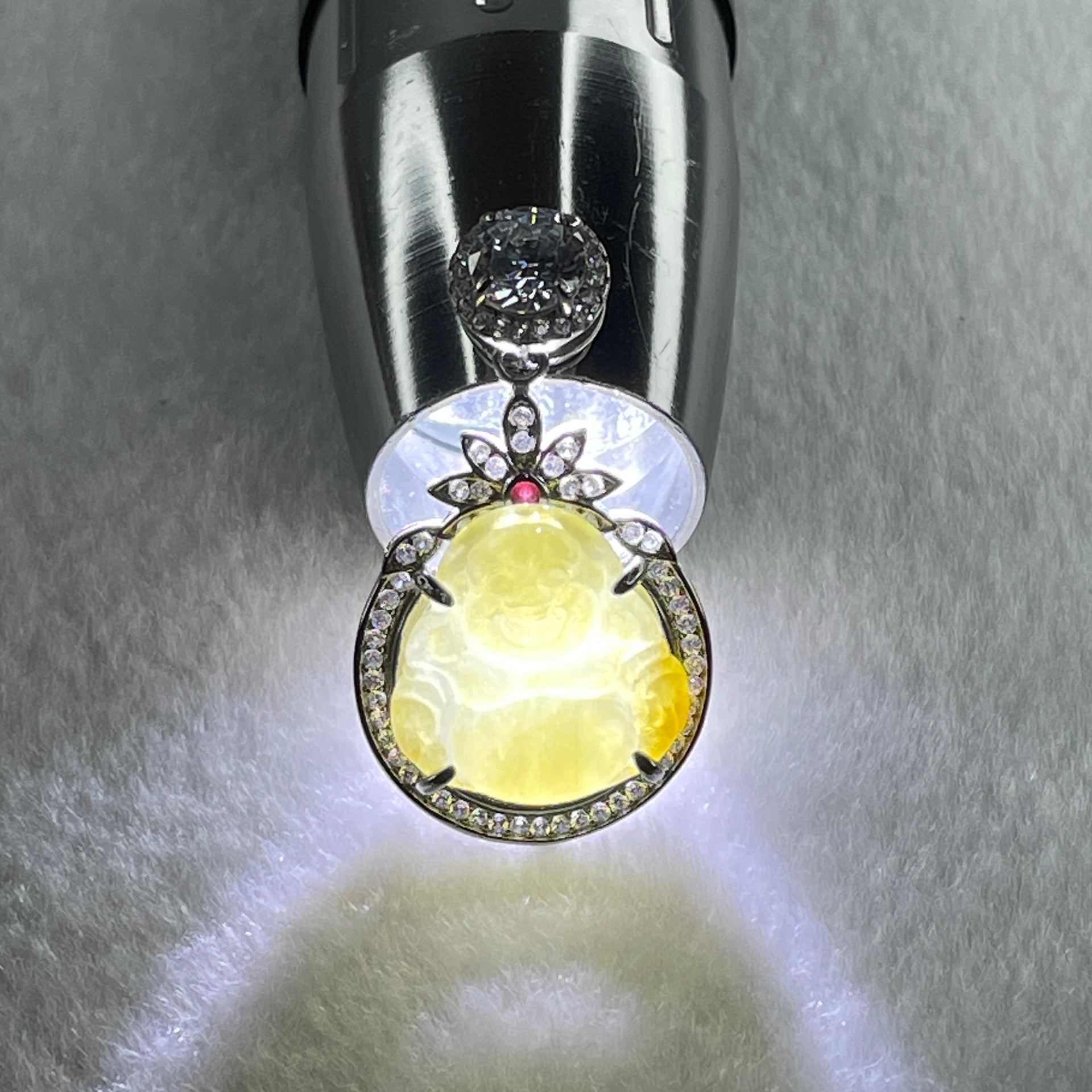 Type A Natural Semi Icy Yellow Jadeite Milo Buddha S925  Silver with Cubic Zirconia Pendant 5.28g 17.1 by 16.5 by 5.0mm - Huangs Jadeite and Jewelry Pte Ltd