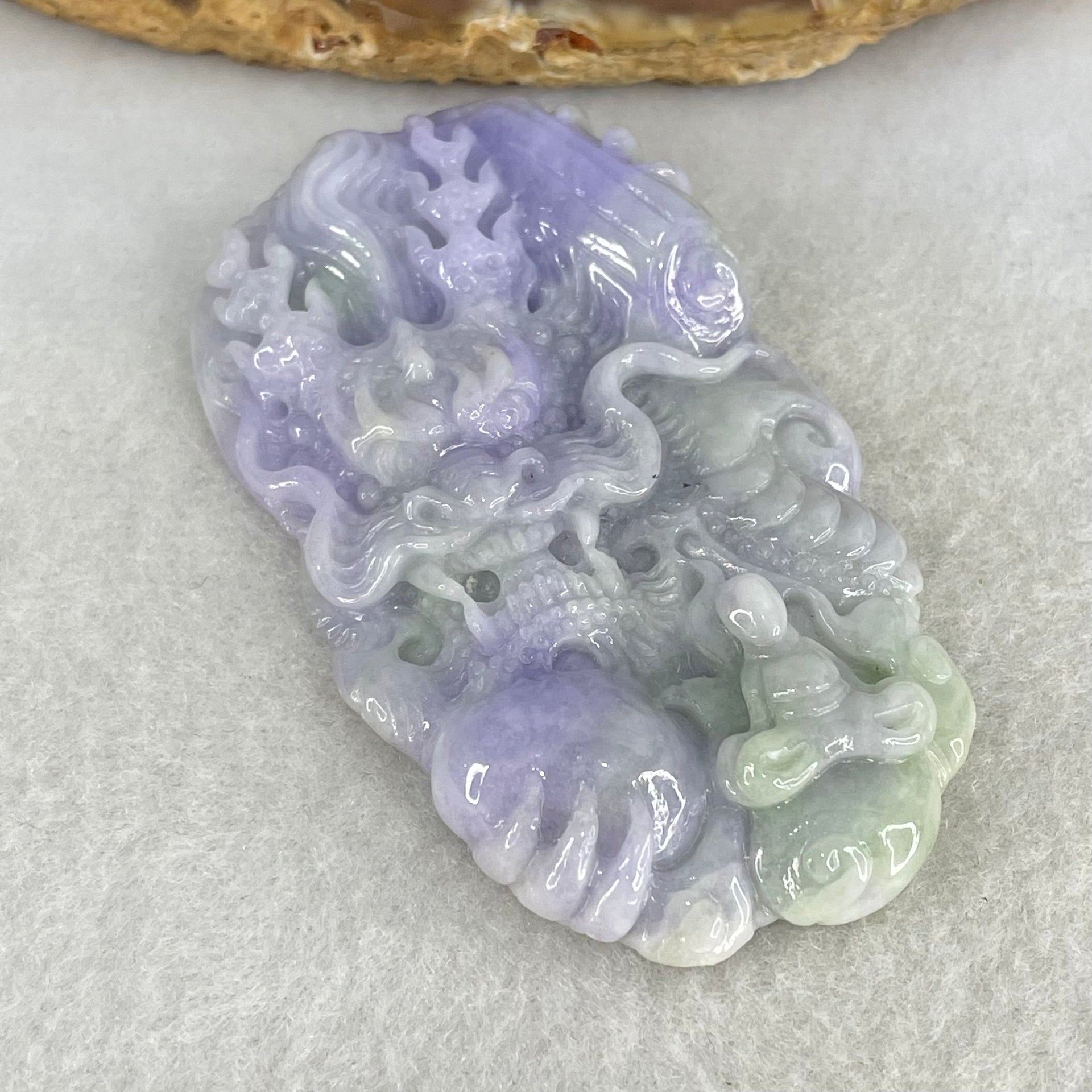 Type A Bright Intense Lavender Green Jadeite Double Sided Dragon with Benefactor Pendant 39.73g 65.0 by 37.4 by 9.8mm - Huangs Jadeite and Jewelry Pte Ltd