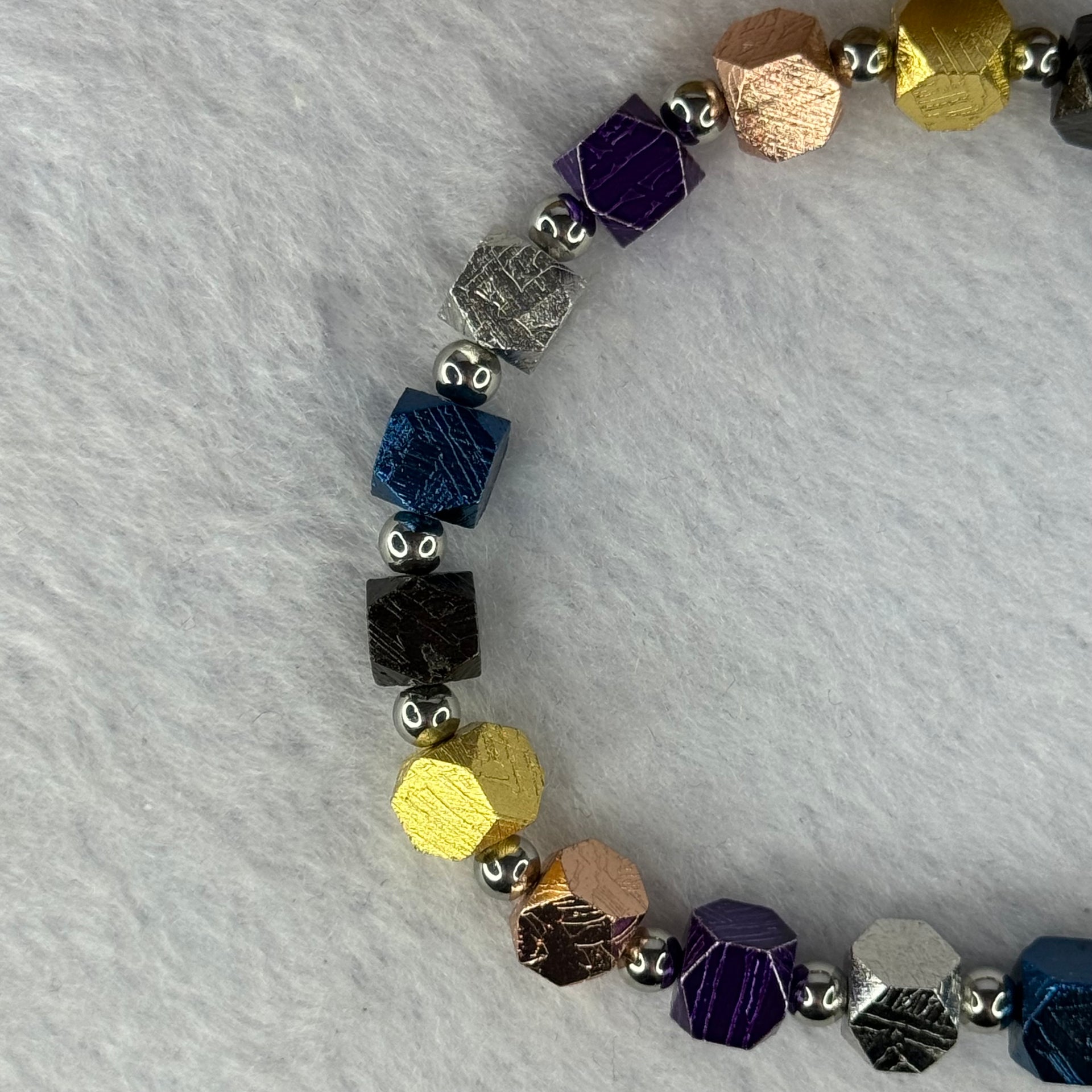Natural Meteorite in Multi Color Blocks with Mini Stainless Steel Beads Bracelet 天然天铁手链 36.39g 16cm 6.4mm 19 pcs - Huangs Jadeite and Jewelry Pte Ltd