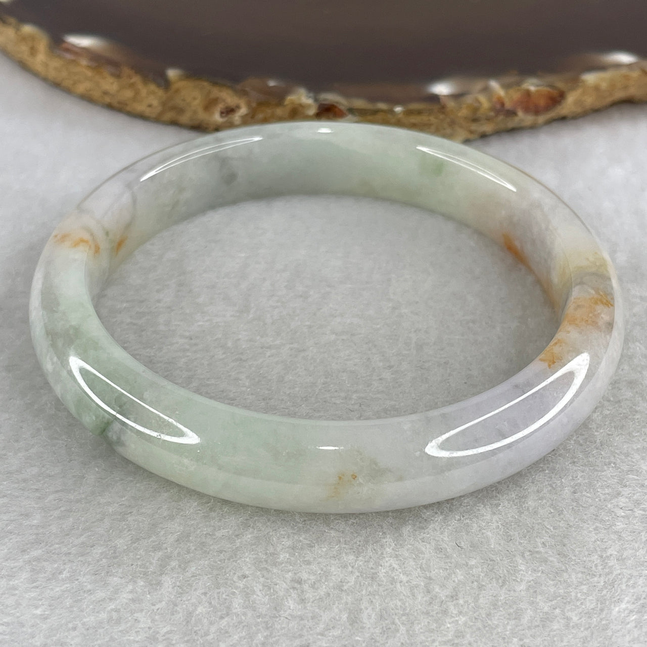 Natural Type A Translucent Multicolor Jadeite Bangle | 60.9mm Faint Blueish-Green & Light Lavender with Red Spots | Very Very Slight Internal Lines "Four Blessings" Round Wrist Heirloom (53.32g 11.6x8.0mm)