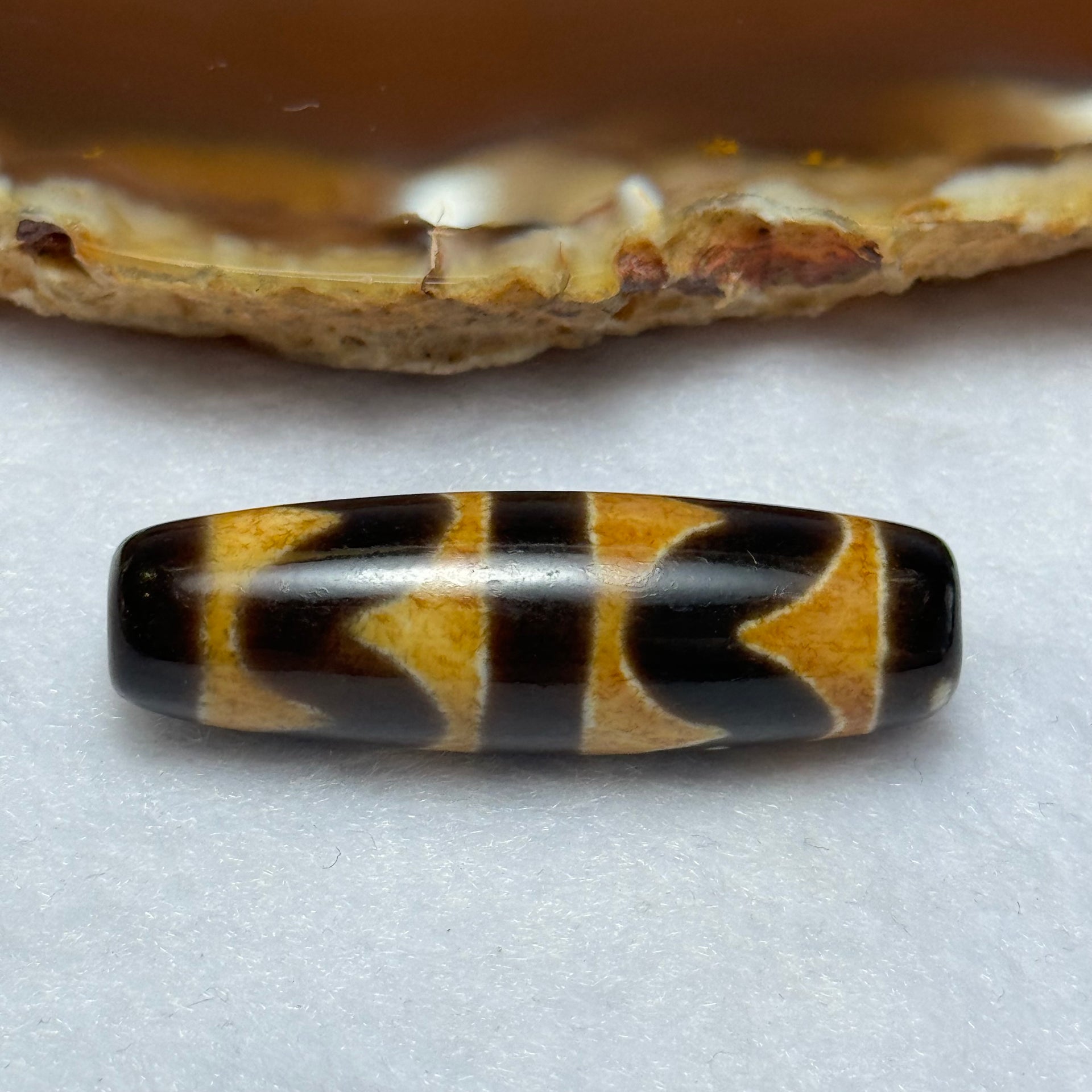 Natural Powerful Tibetan Old Oily Agate Double Tiger Tooth Daluo Dzi Bead Heavenly Master (Tian Zhu) 虎呀天诛 7.82g 37.7 by 11.7mm - Huangs Jadeite and Jewelry Pte Ltd