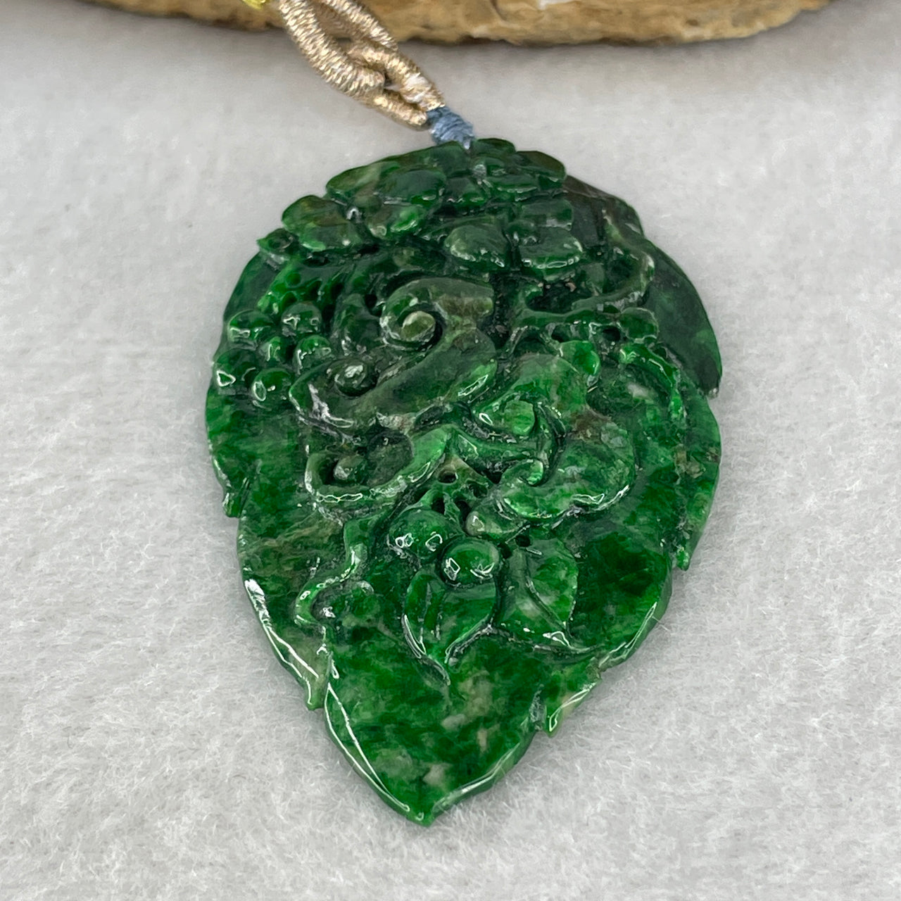 Certified Type A Natural Jadeite 15.37g - 57.2x33.7x5.6mm - Spicy Green Old Mine Leaf with Ruyi & Flowers - Grade A Untreated Scenic Jade