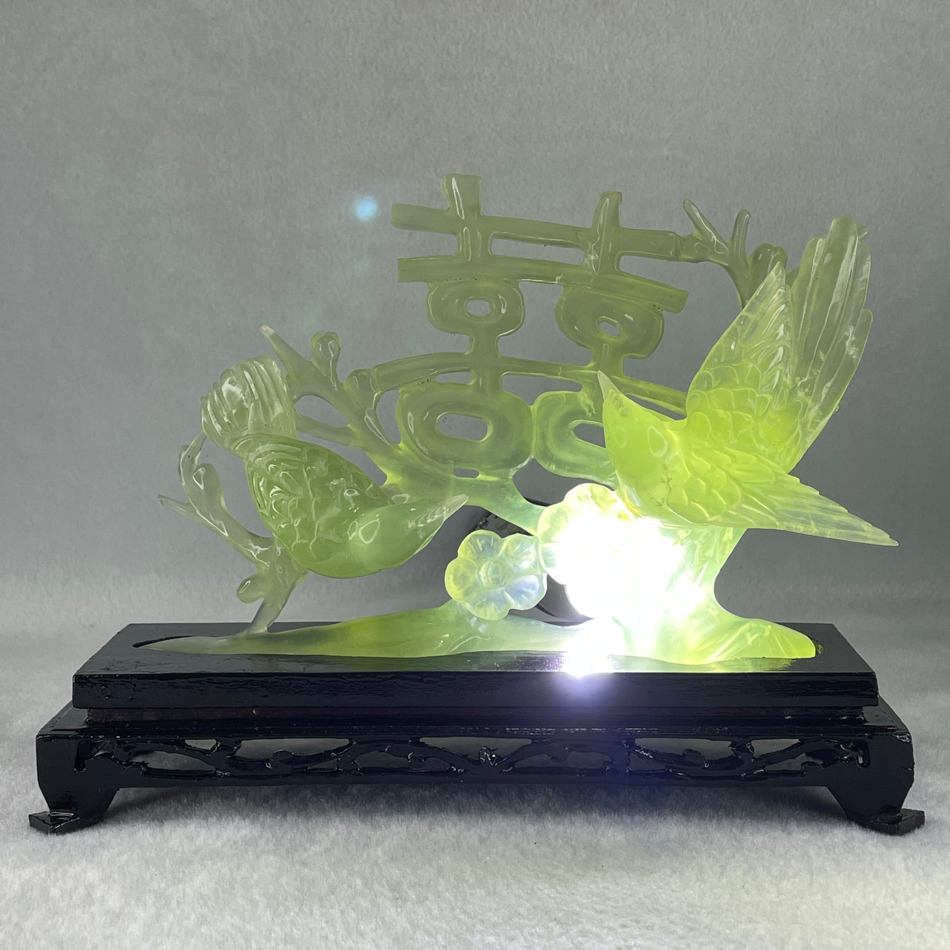 Natural Green Serpentine 囍 Double Happiness Love Birds with Flower with Wooden Stand Display 469.1g 192.0 by 138.0 by 68.0mm - Huangs Jadeite and Jewelry Pte Ltd