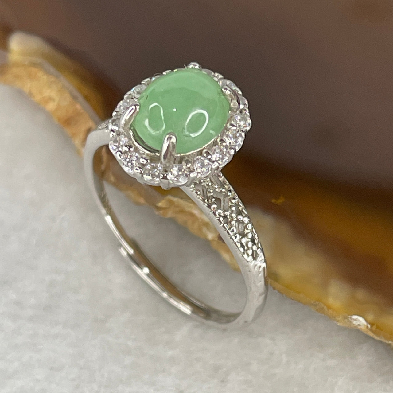 Type A Icy Light Green Jadeite Cabochon Ring | Liquid-Glass Translucent Cushion Orb | Solid S925 Sterling Silver Setting | Smart Adjustable Sizing (1.93g 7.4x6.0x4.5mm)