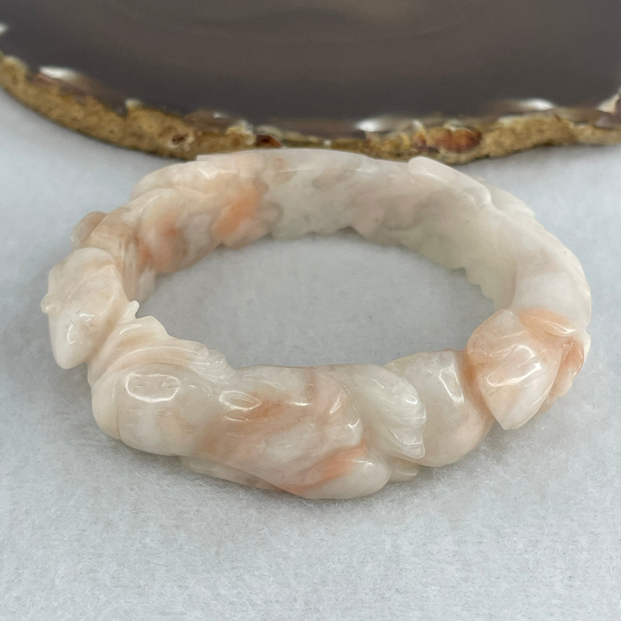 Natural White & Red Calcite Carved Rabbit & Blossom Bangle | Zodiac Rabbit Floral Armlet (67.64g 18.3 by 11.5mm | 56.3mm Inner Diameter | Close to Perfect)