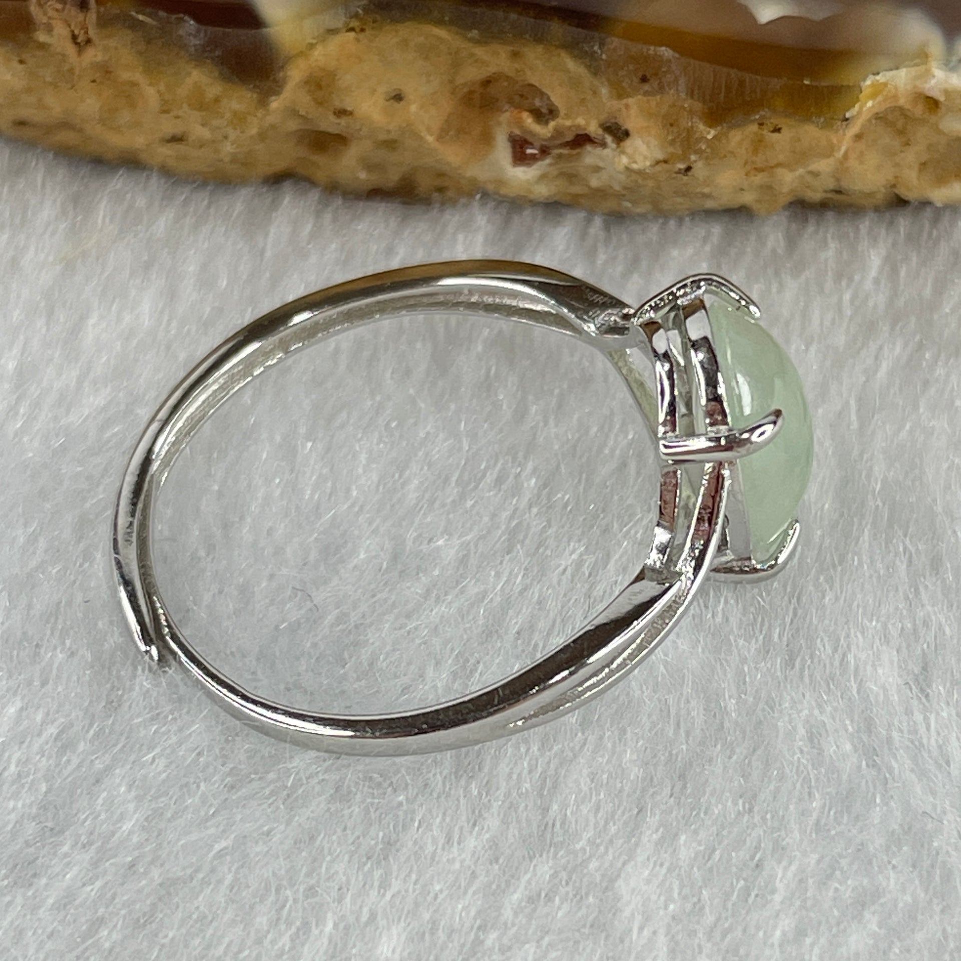 Natural Type A Semi Icy Faint Green Jadeite Oval Shape Cabouchon in S925 Silver Ring (Adjustable Size) 1.38g 9.5 by 7.2 by 3.5mm - Huangs Jadeite and Jewelry Pte Ltd