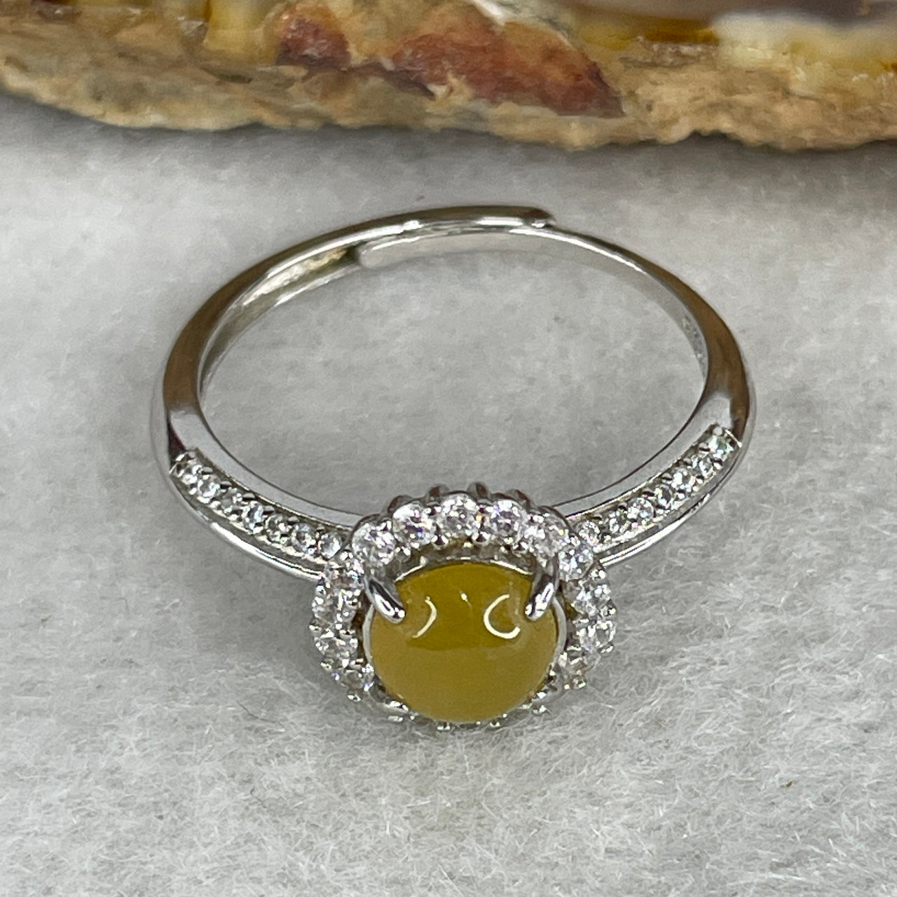 Type A Yellow Jadeite High-Dome Cabochon Ring | Solid S925 Sterling Silver Setting | Smart Adjustable Sizing (2.55g 6.4x3.0mm)