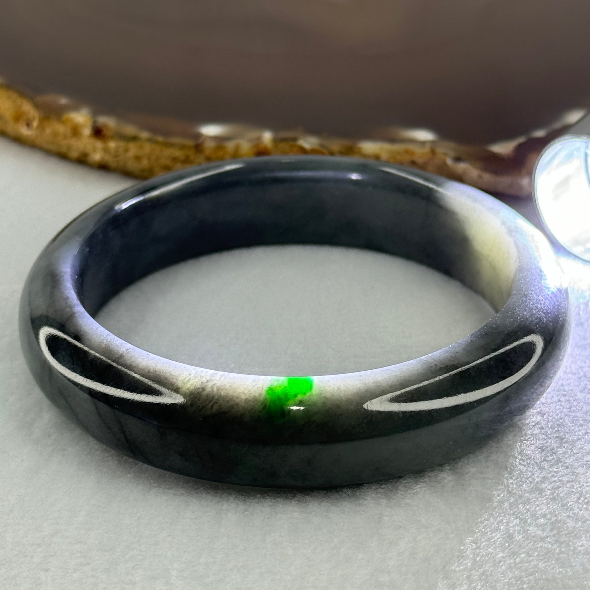 Type A Wuji Grey Black with Imperial Green Patch Jadeite Bangle Internal Diameter 57.0mm 66.25g 14.4 by 8.7mm (Internal Lines) - Huangs Jadeite and Jewelry Pte Ltd