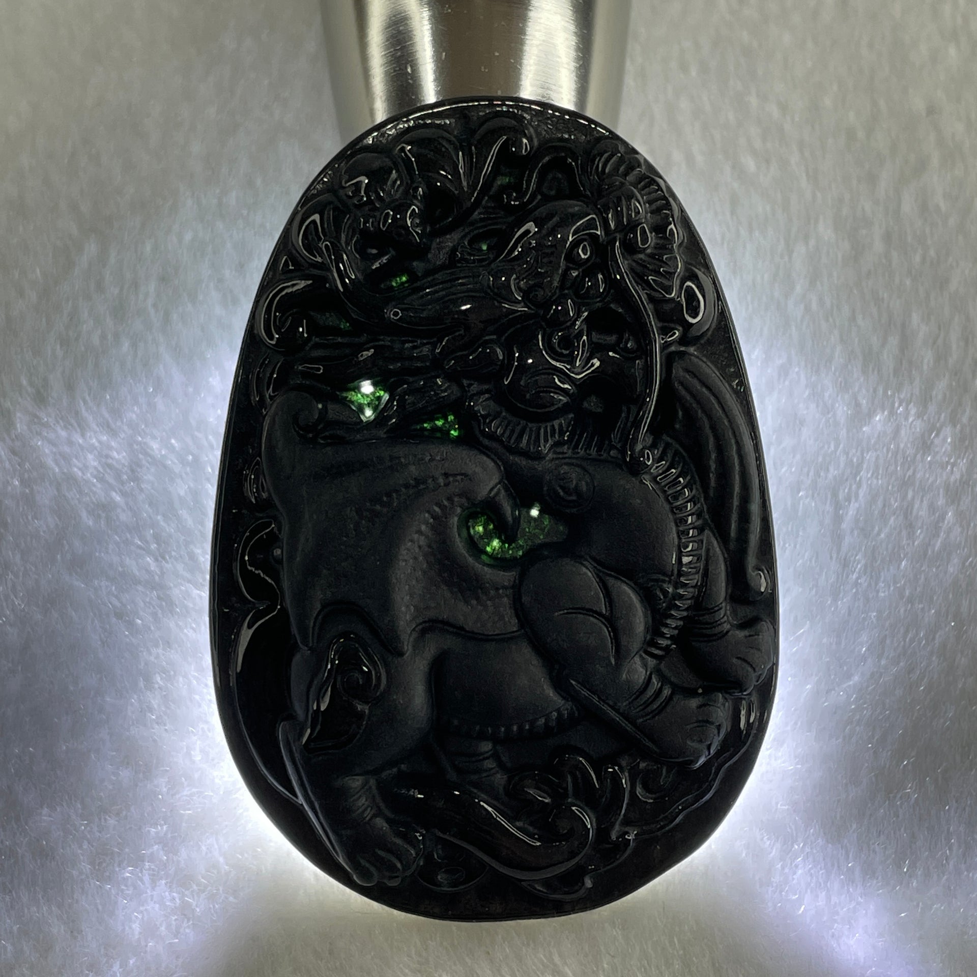 Type A Opaque to Partial Translucent Black Omphacite Jadeite Flying Pixiu Pendant 27.31g 61.2 by 42.5 by 9.3mm - Huangs Jadeite and Jewelry Pte Ltd